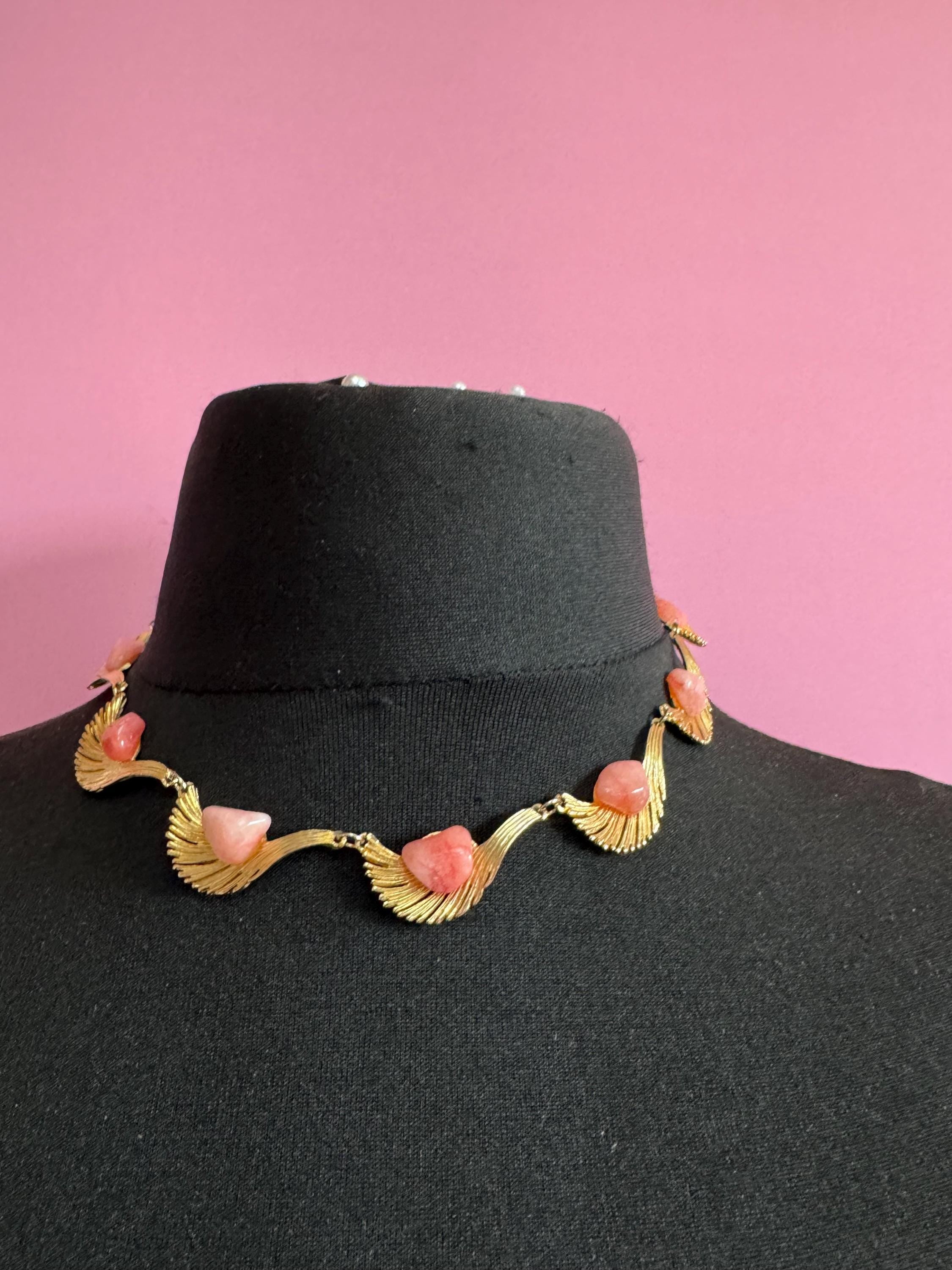 Vintage pink gemstone set panel link choker necklace, gold tone