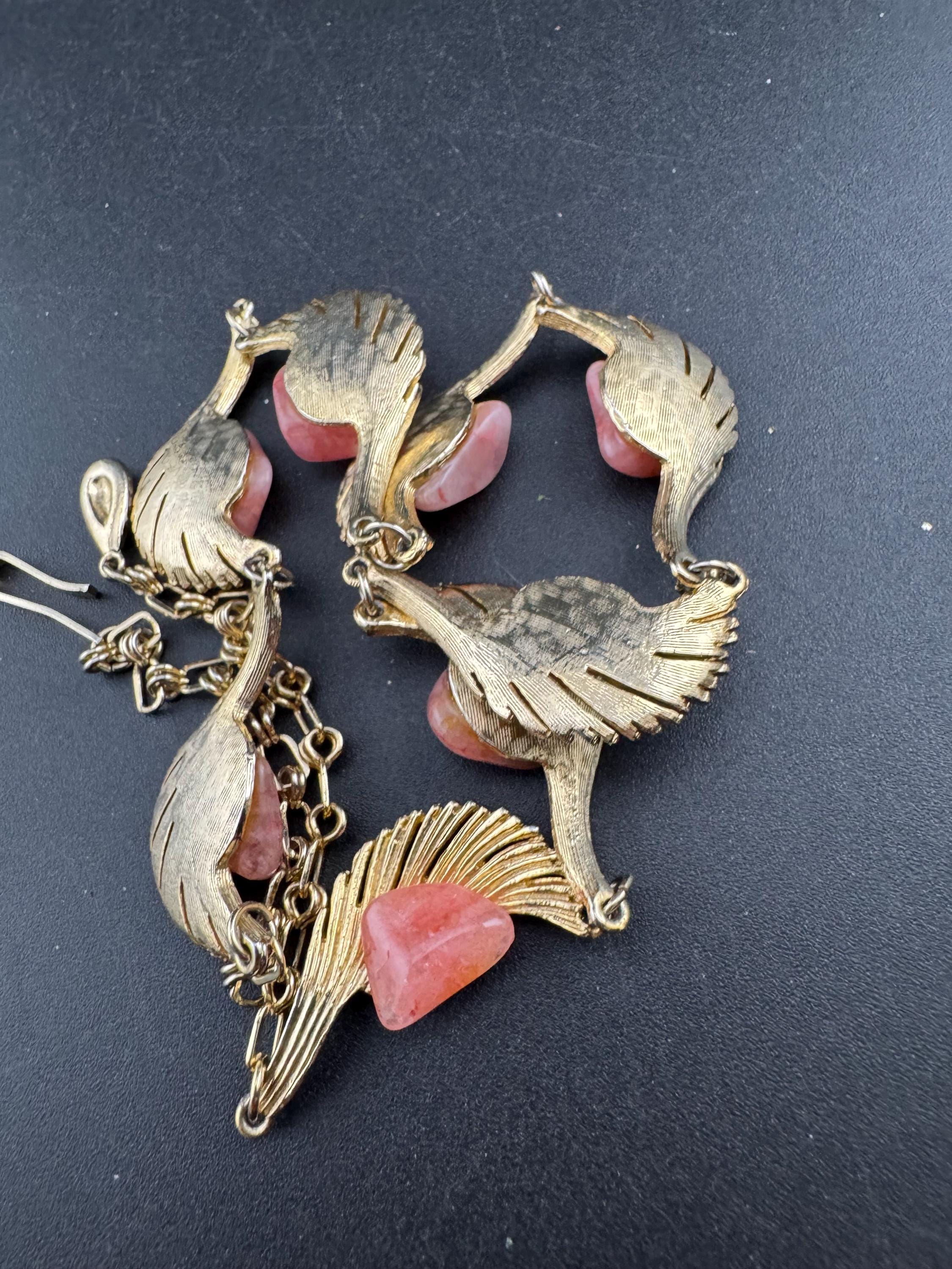 Vintage pink gemstone set panel link choker necklace, gold tone