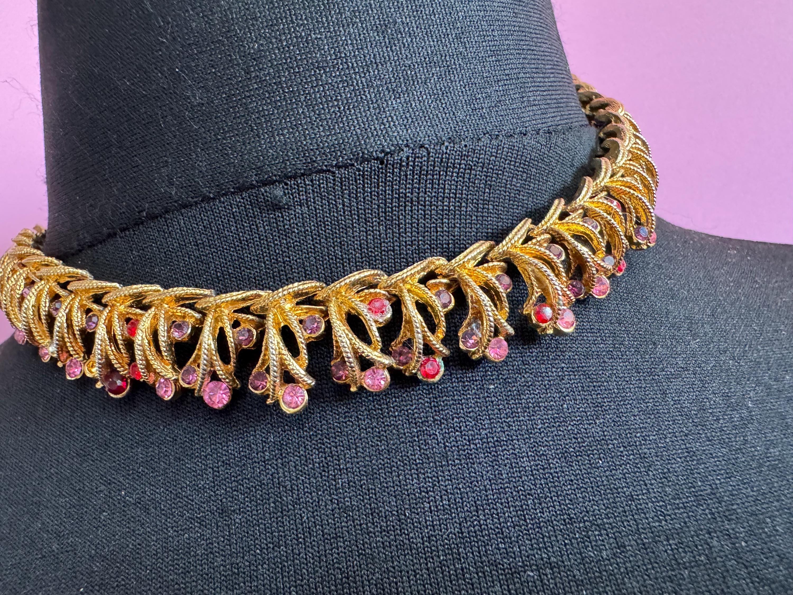 Vintage pink rhinestone collar necklace, 1960s gold tone