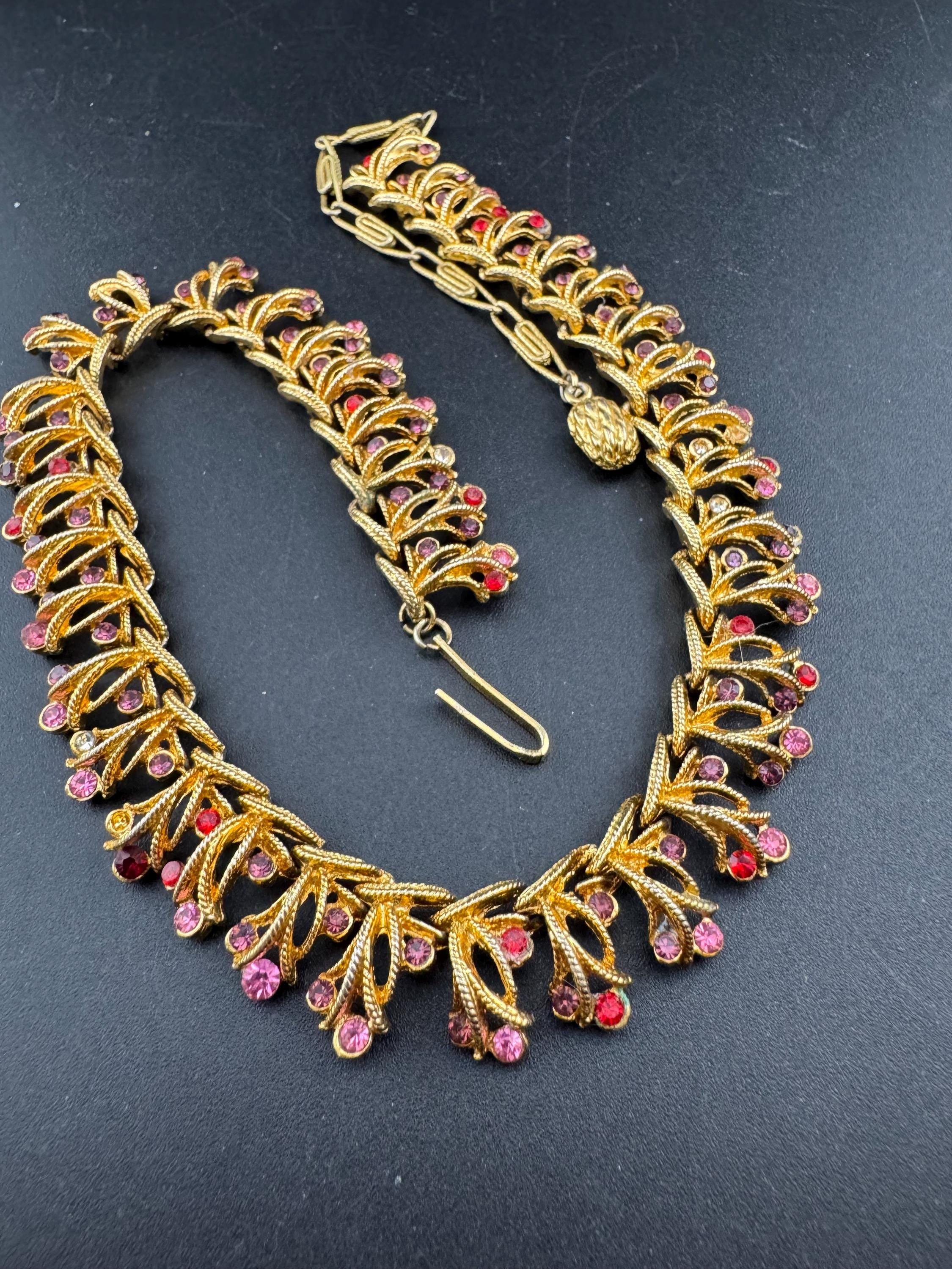 Vintage pink rhinestone collar necklace, 1960s gold tone