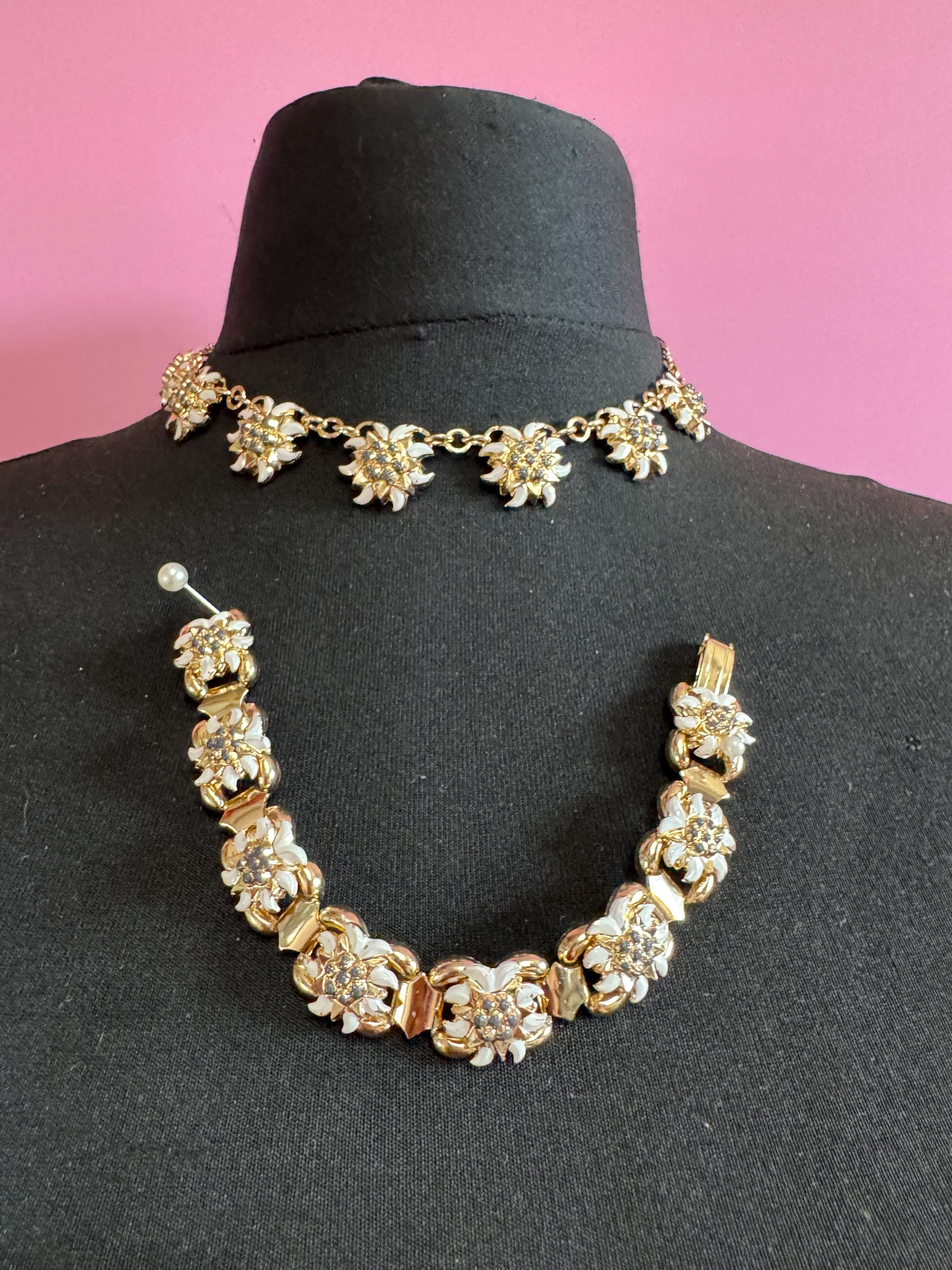 Vintage eidelweiss Eloxal necklace and bracelet set, aluminium gold tone jewellery set
