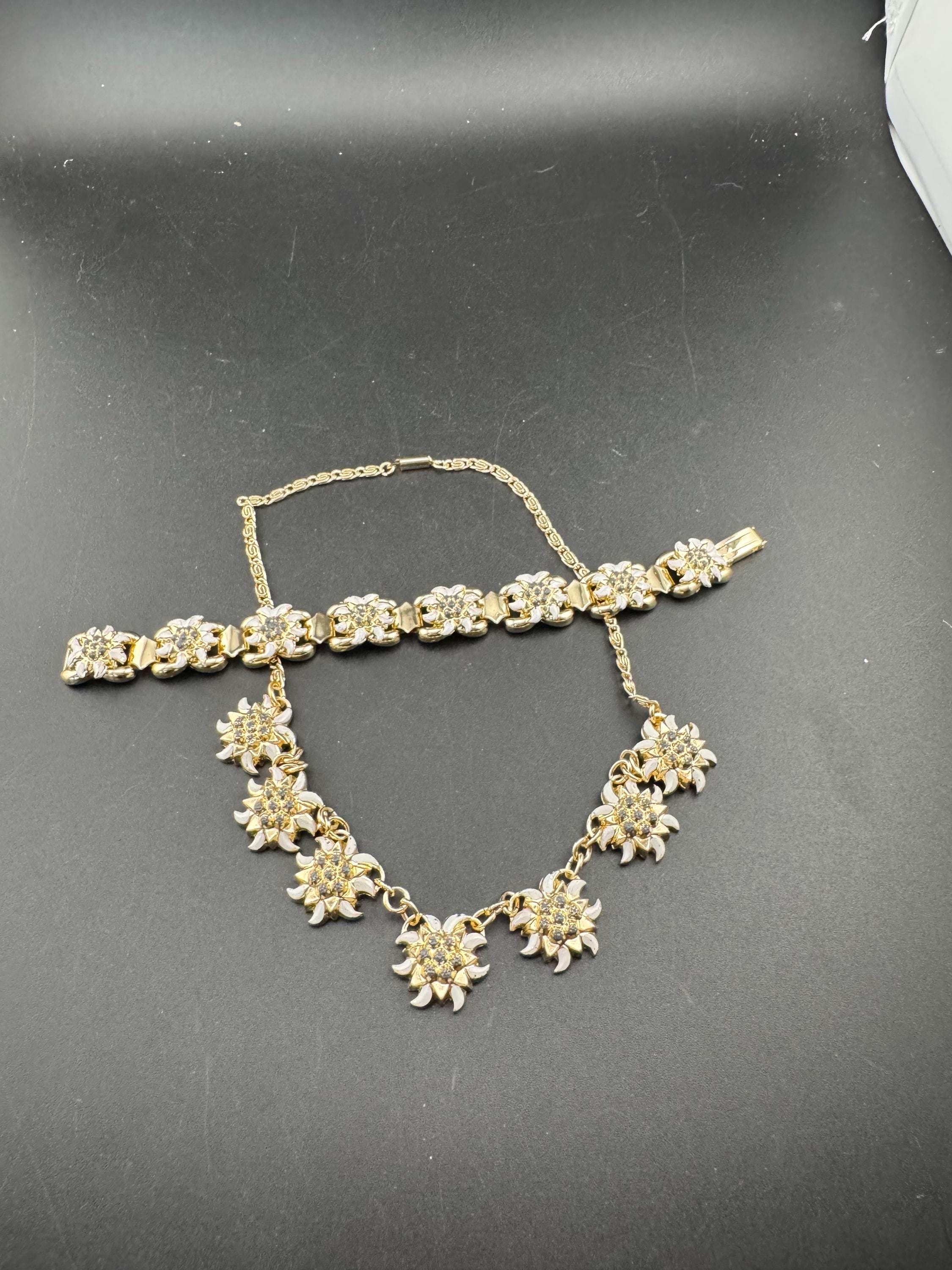 Vintage eidelweiss Eloxal necklace and bracelet set, aluminium gold tone jewellery set