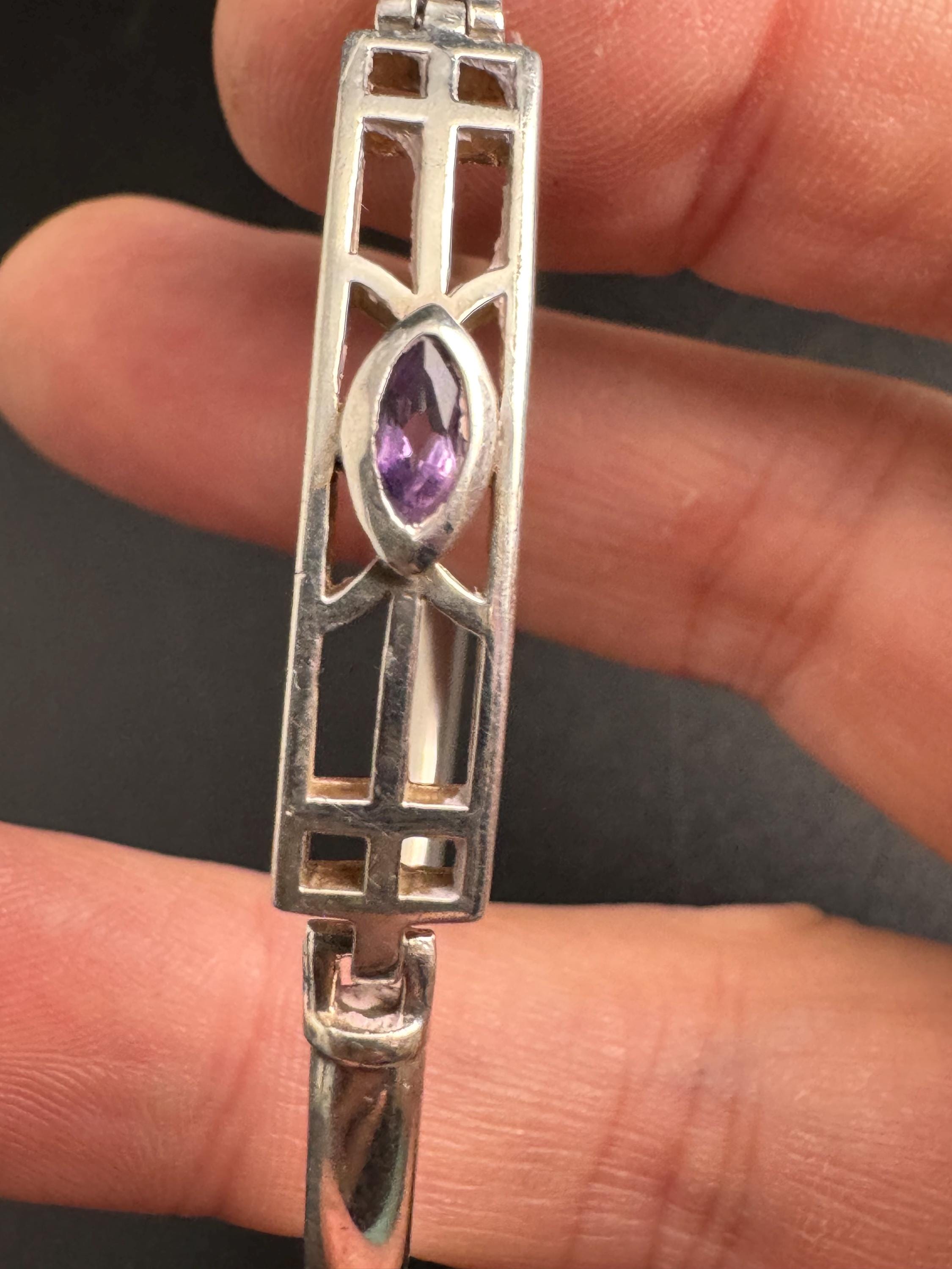 Vintage 925 Silver and amethyst bangle, purple bracelet Charles Rennie Mackintosh style