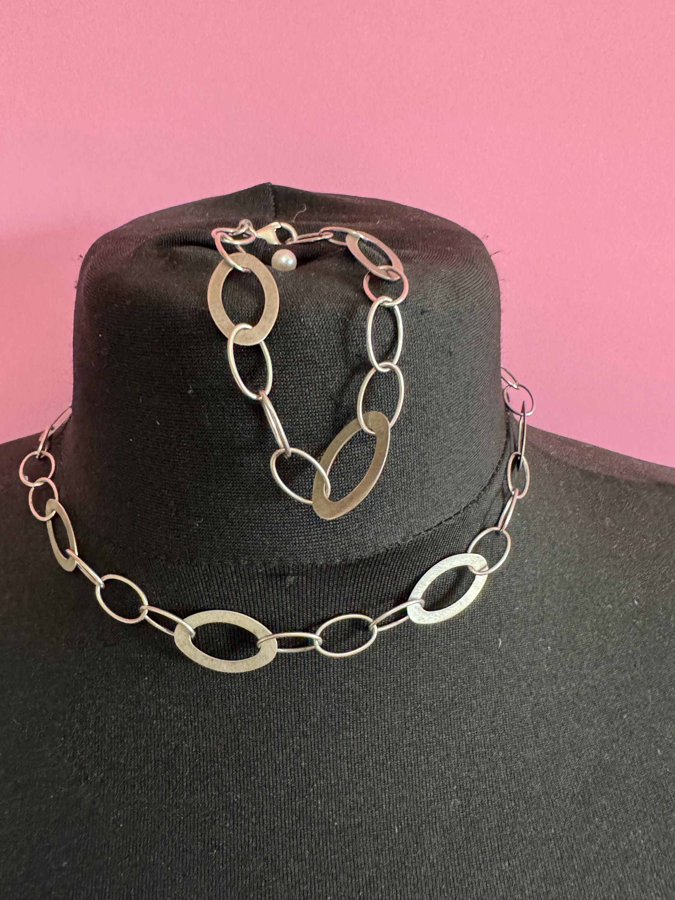 Matching sterling 925 silver hoop  flat link necklace and bracelet jewellery set