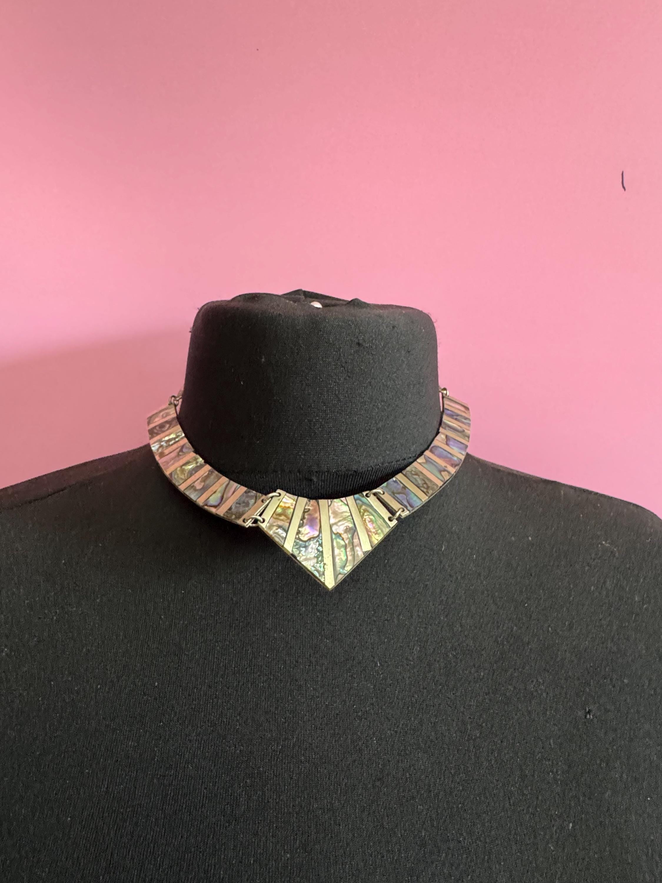 vintage Mexican Alpaca 925 sterling Silver plated abalone shell panel linked choker necklace