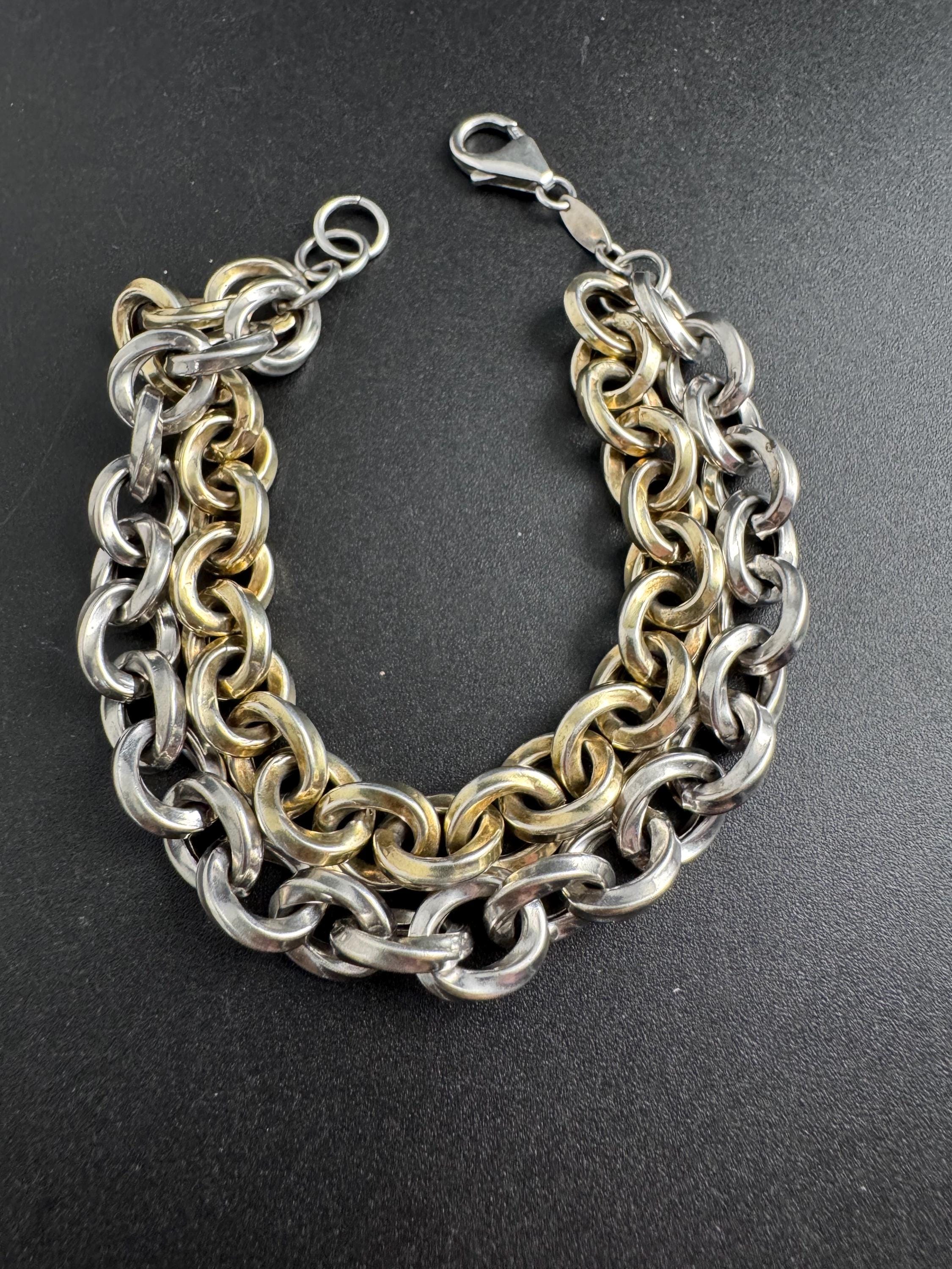 925 sterling silver and gilt gold plated chunky double  cable link bracelet , modernist