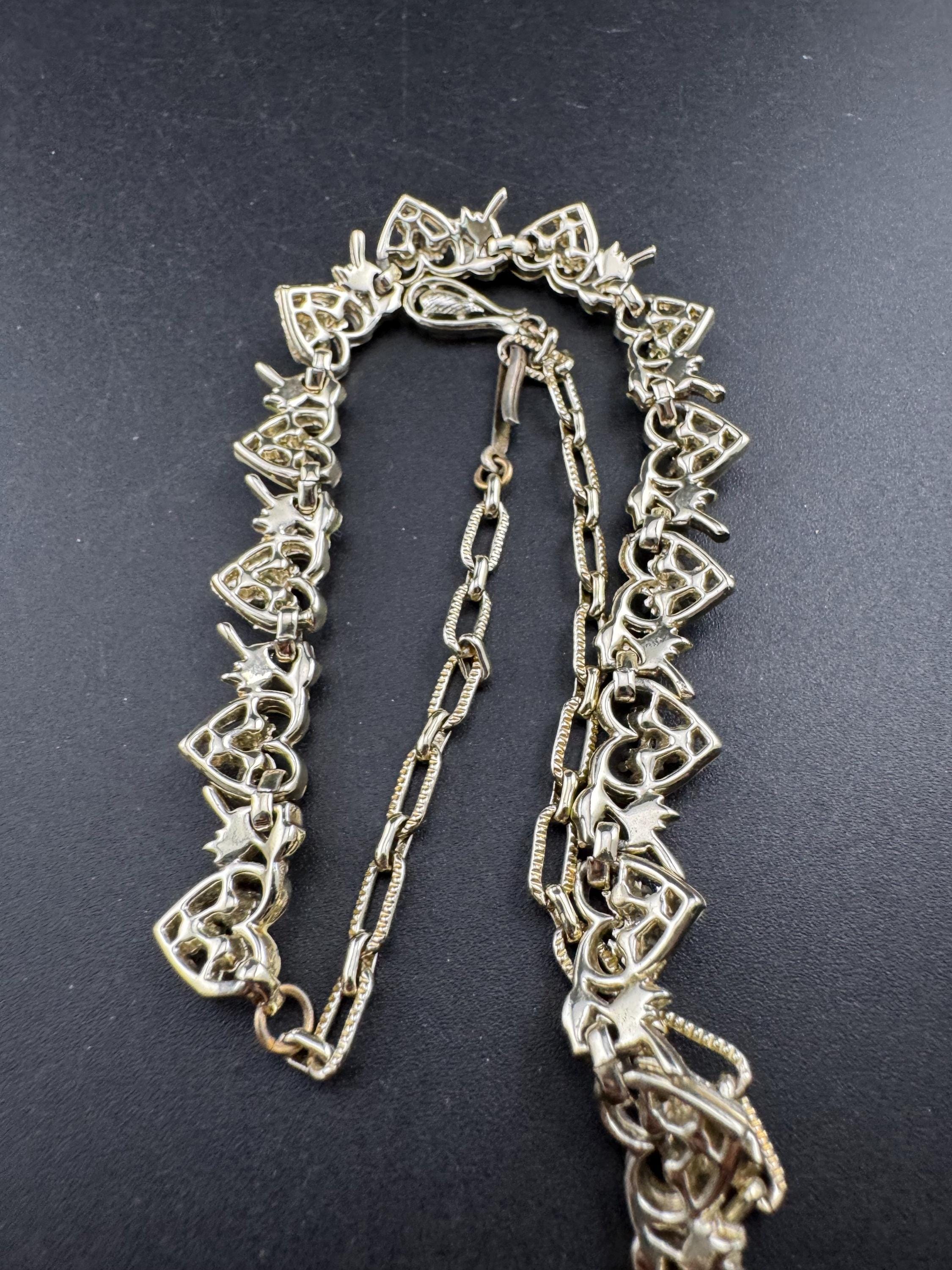 Vintage Aurora borealis and cream enamel heart necklace, light gold tone with rhinestone