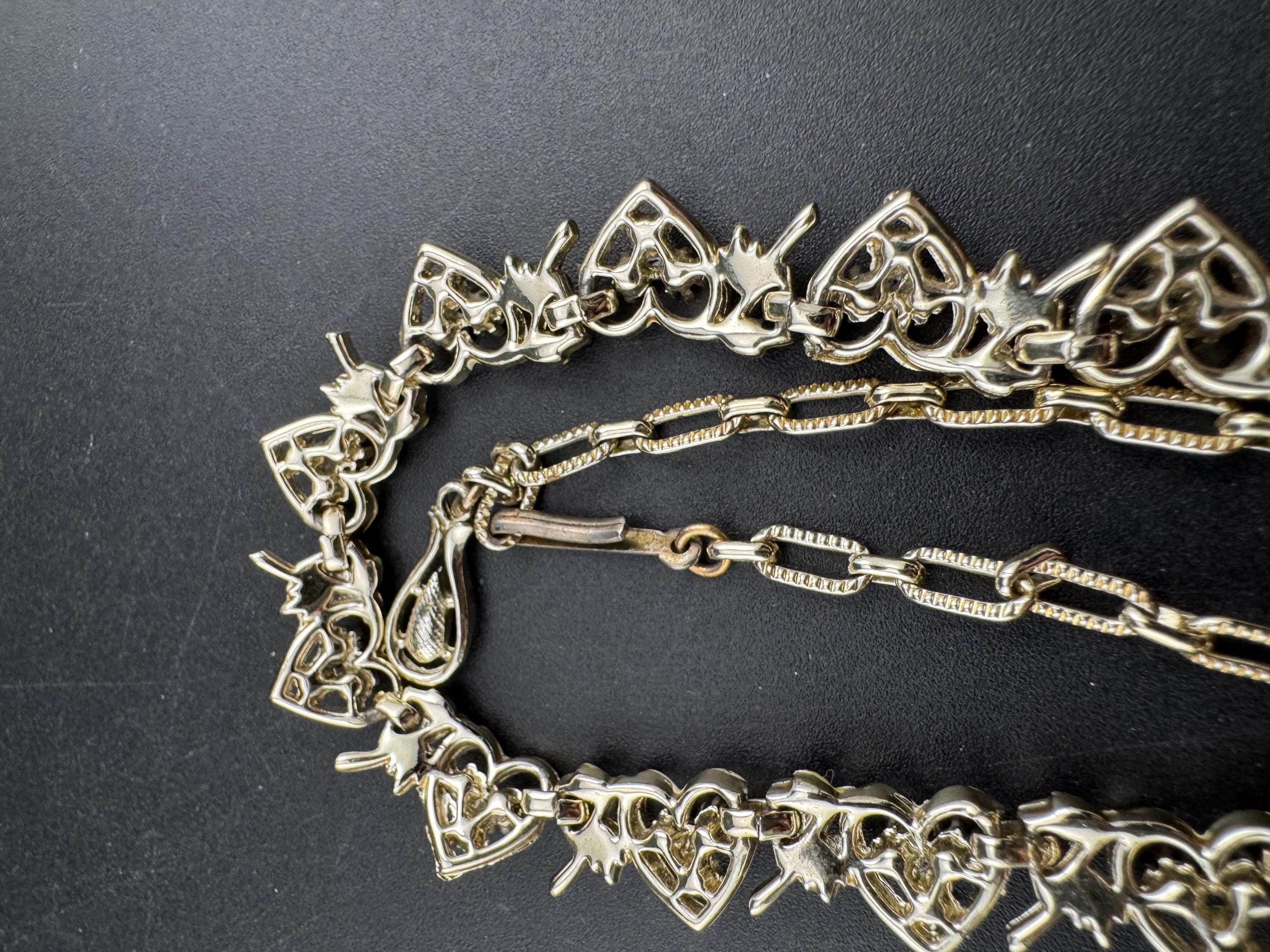 Vintage Aurora borealis and cream enamel heart necklace, light gold tone with rhinestone