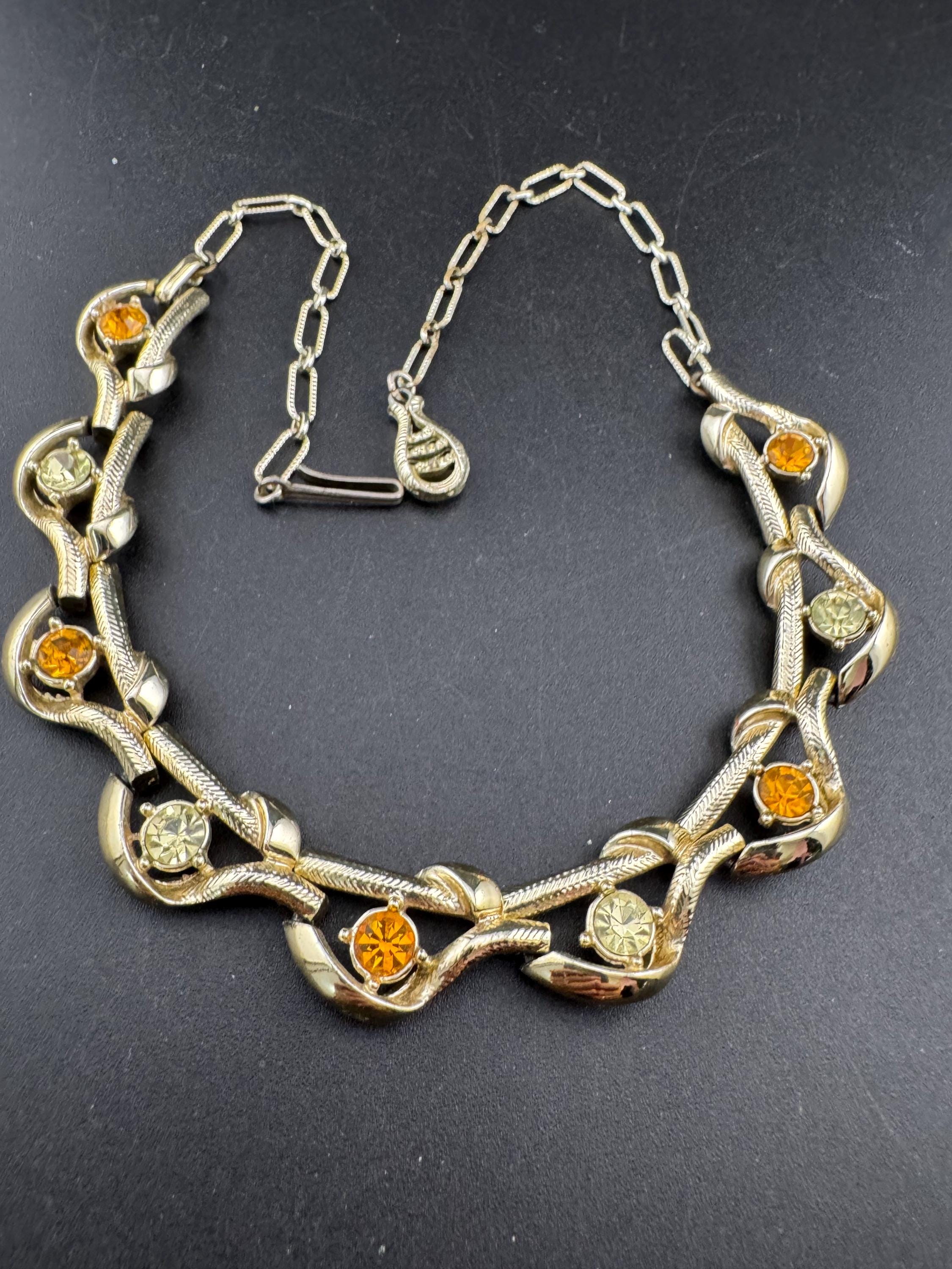 Vintage rhinestone floral choker necklace, gold tone with orange yellow stones