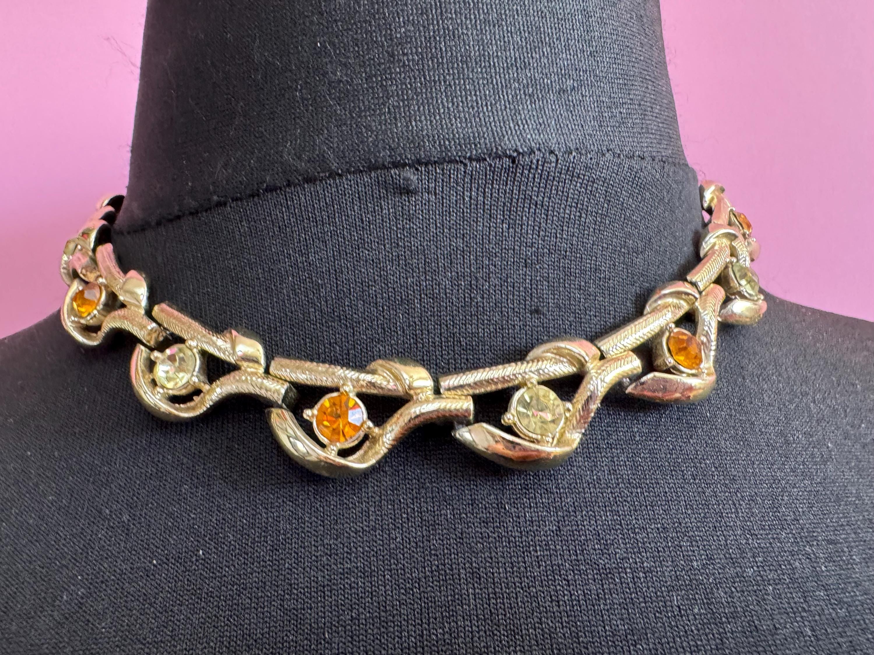 Vintage rhinestone floral choker necklace, gold tone with orange yellow stones
