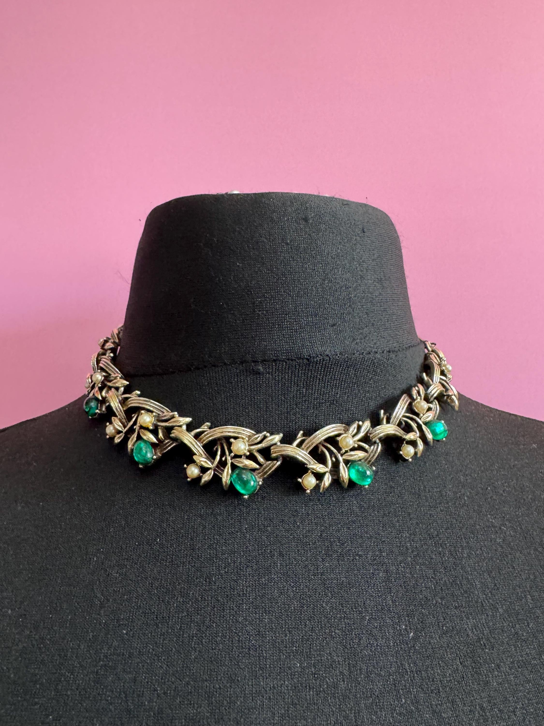 Vintage emerald seed pearl choker necklace, light gold tone with green cabochon stones