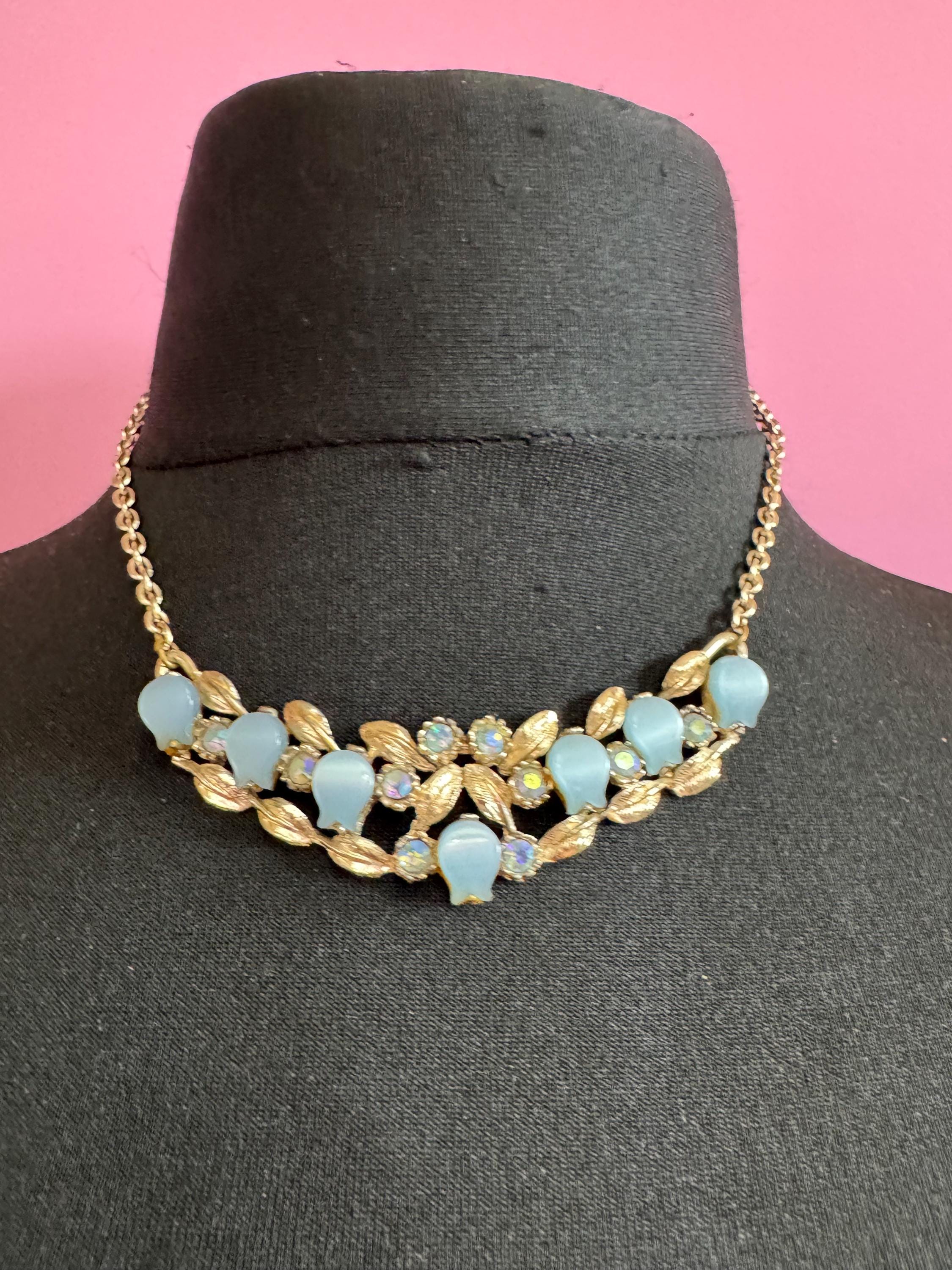 Vintage blue thermoset leaf choker necklace, light gold tone with AB Rhinestones