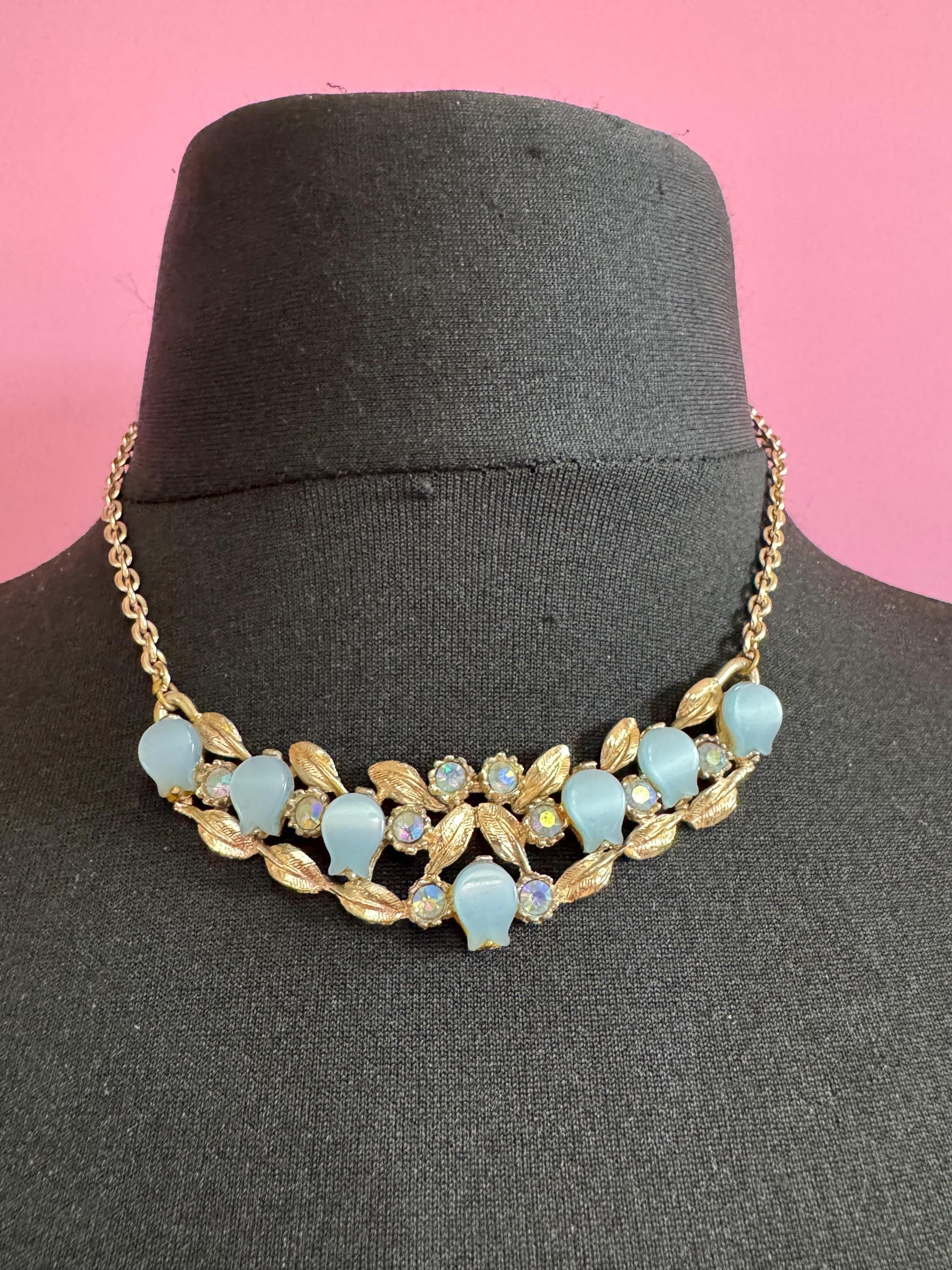 Vintage blue thermoset leaf choker necklace, light gold tone with AB Rhinestones