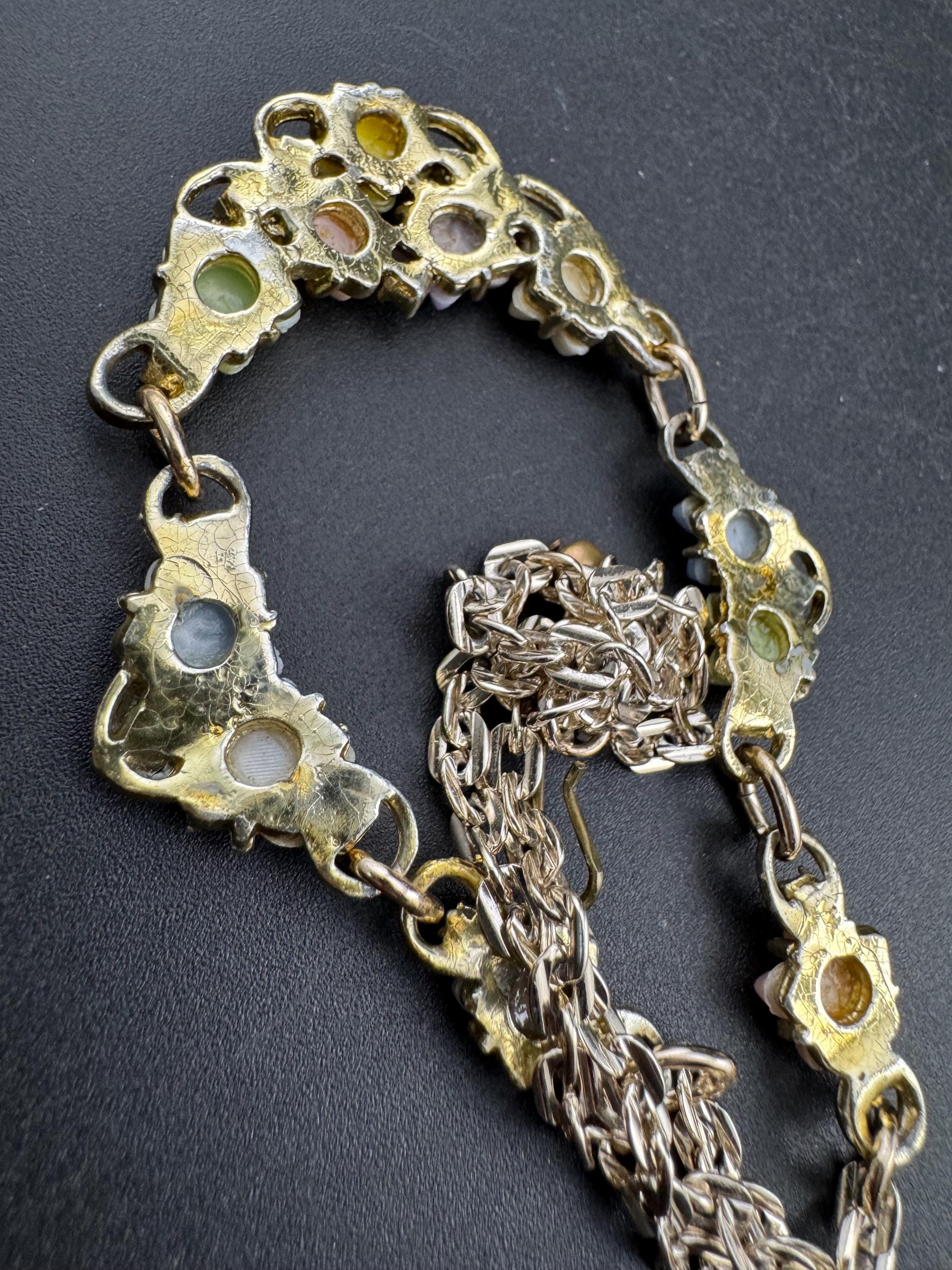 Vintage pastel flower choker necklace, light gold tone with AB Rhinestones