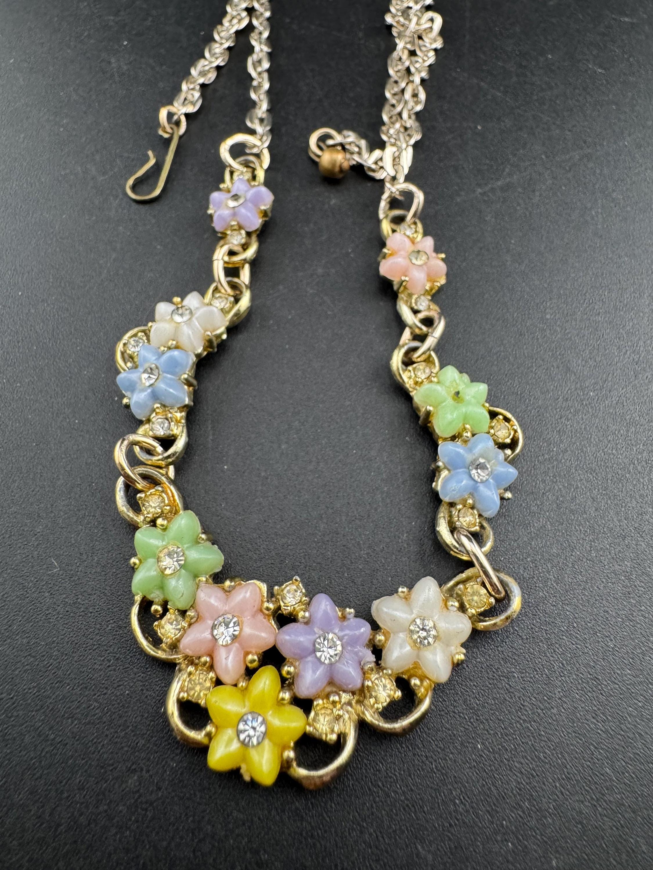 Vintage pastel flower choker necklace, light gold tone with AB Rhinestones