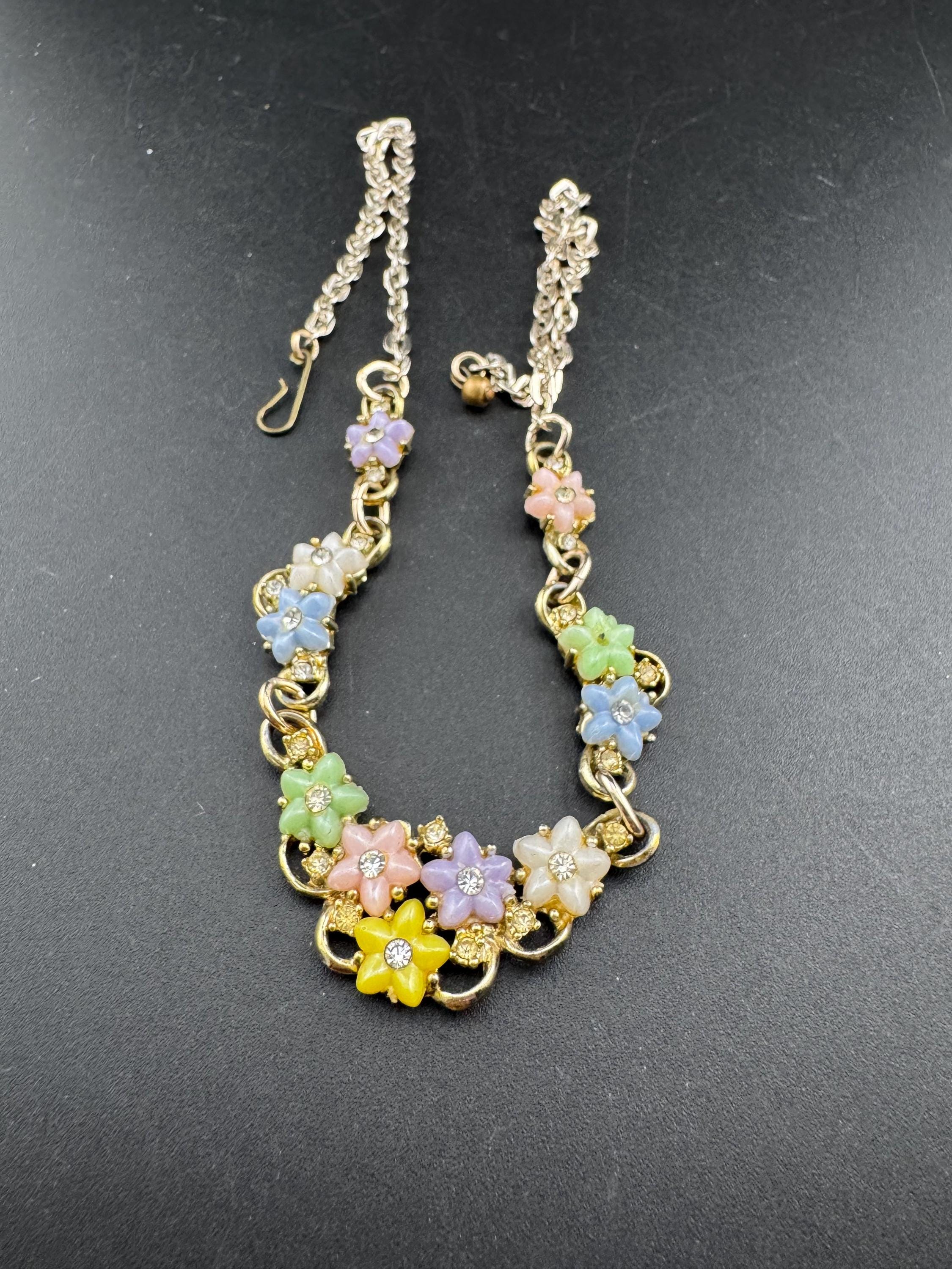 Vintage pastel flower choker necklace, light gold tone with AB Rhinestones