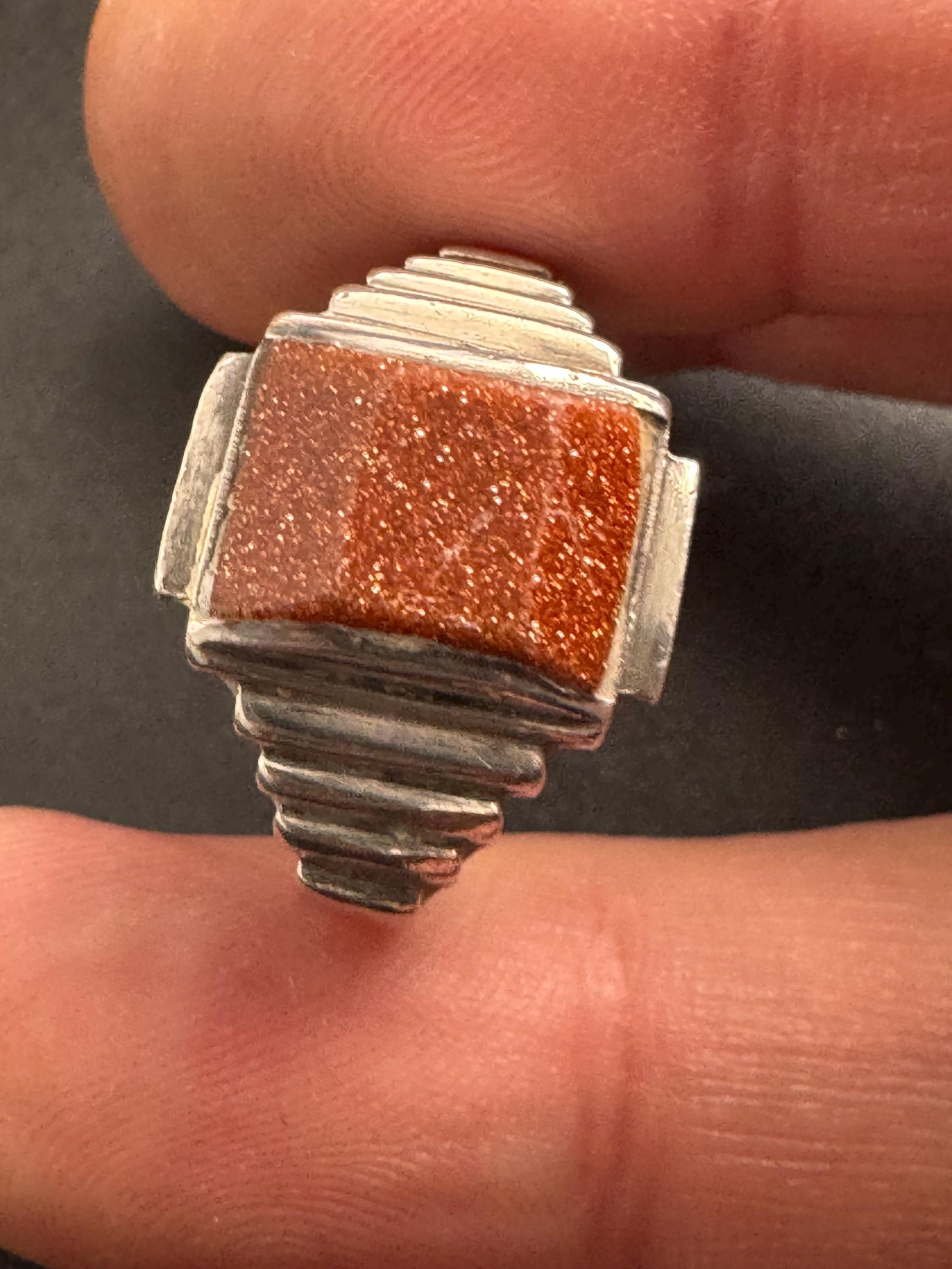size R Vintage goldstone gemstone 925 sterling silver mens signet ring ,