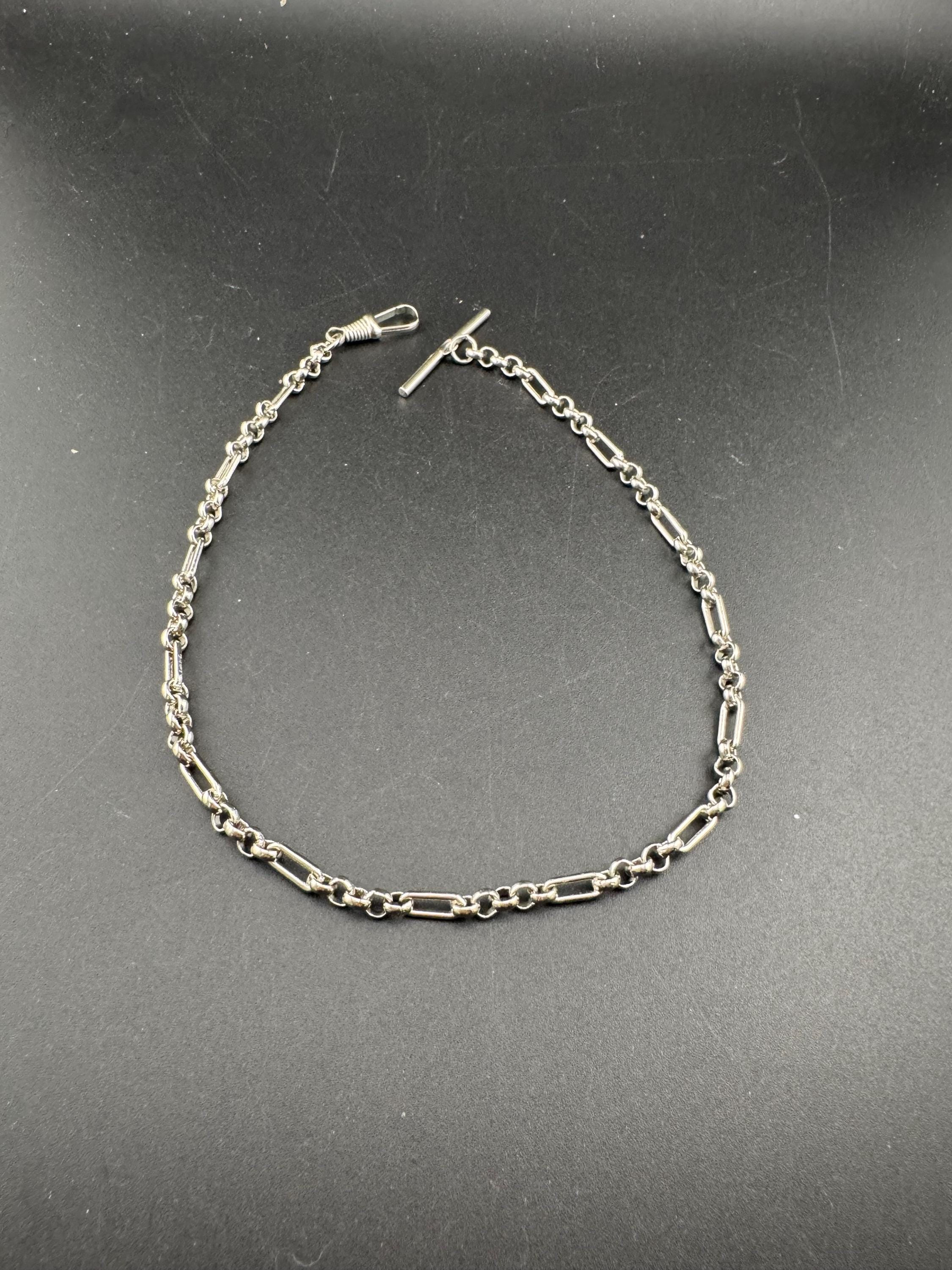 Art Deco long Tbar Pocket Watch Chain: Silver Metal machine age, 38.5cm