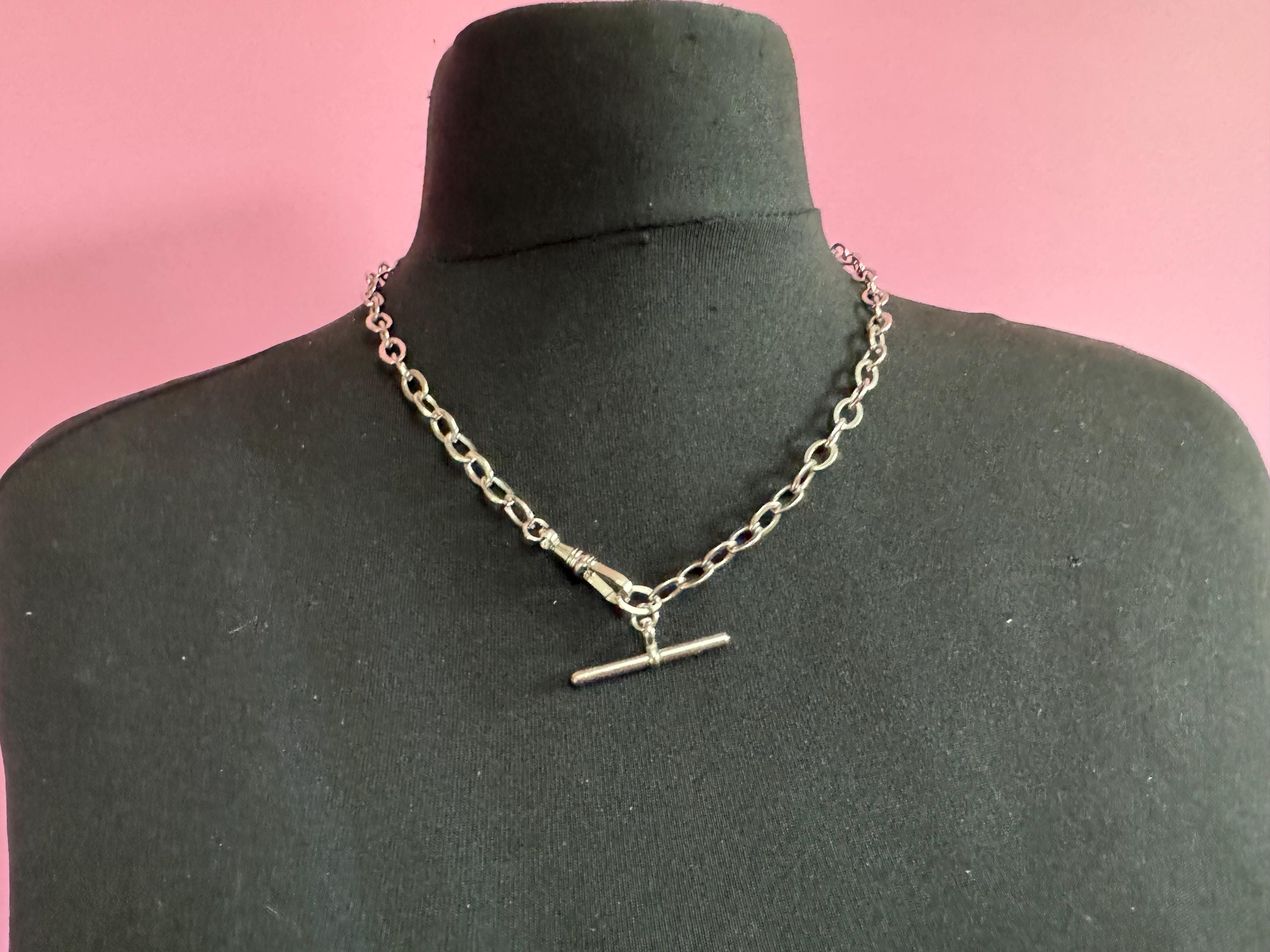 Art Deco Pocket Watch Chain T bar necklace : Silver Metal machine age, 54cm