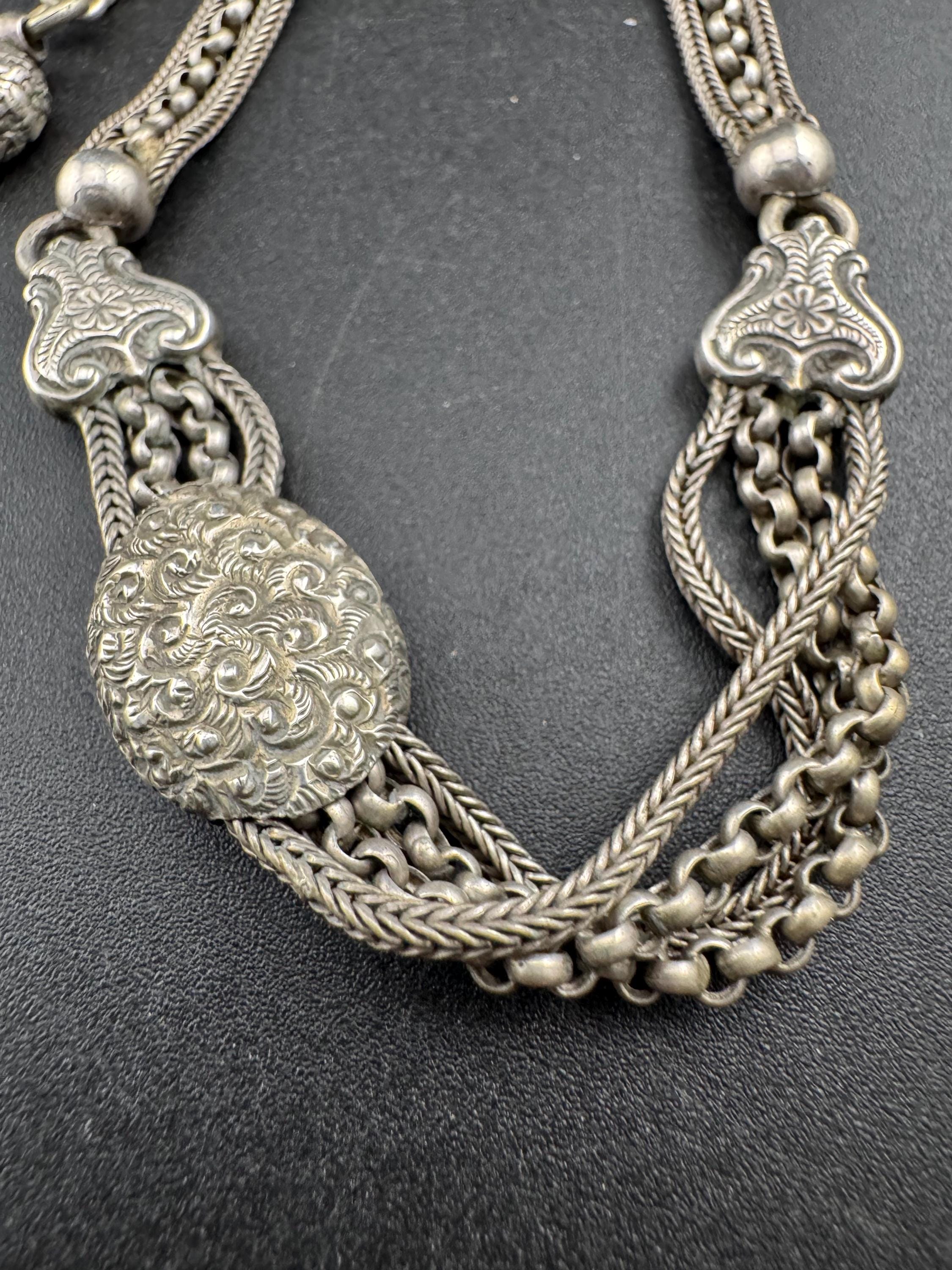 antique solid silver Victorian Albertina pocket watch chain, with tassel guard clasp 20.5cm