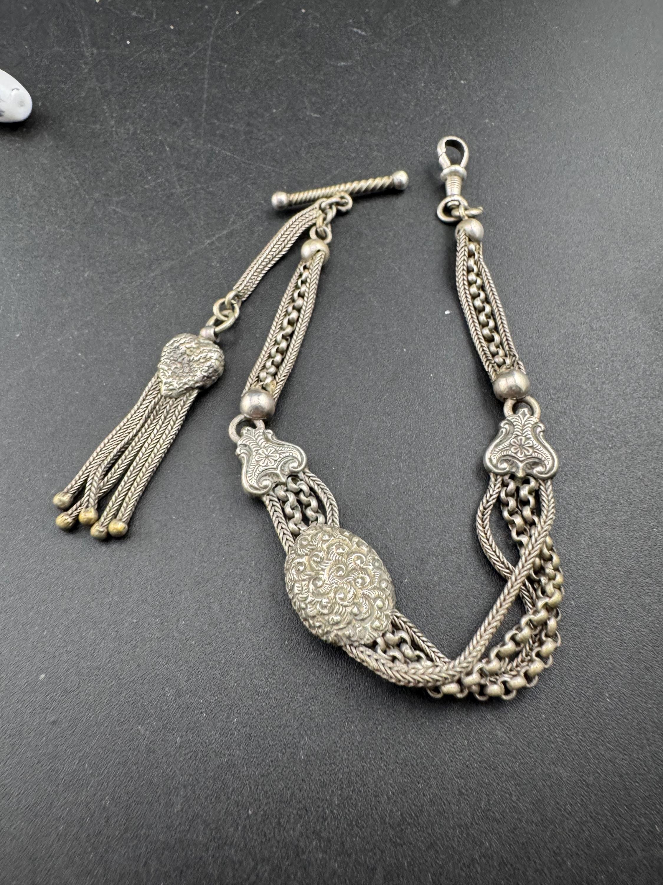 antique solid silver Victorian Albertina pocket watch chain, with tassel guard clasp 20.5cm