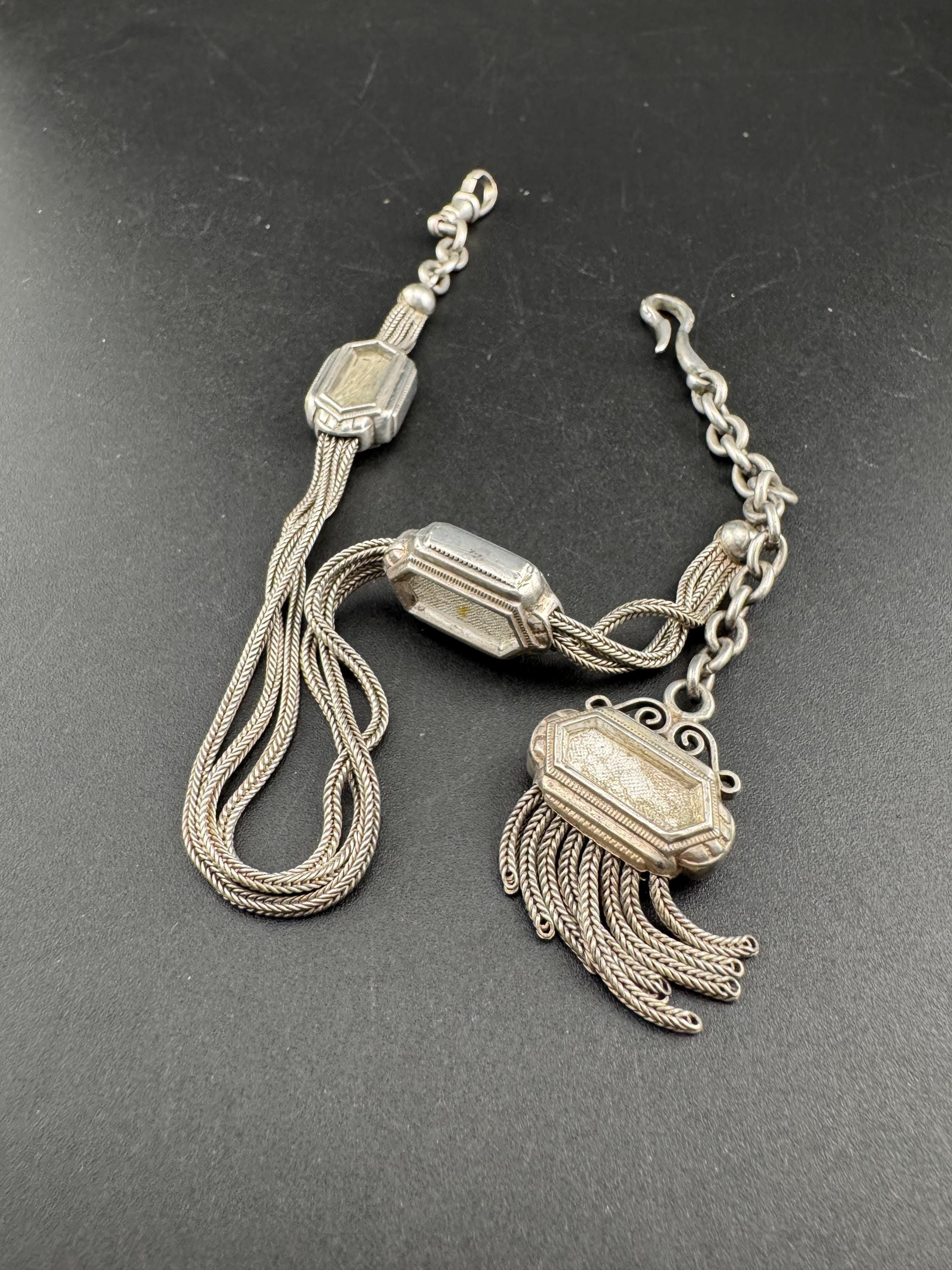 antique solid silver Victorian Albertina pocket watch chain, with tassel hallmarked 31cm