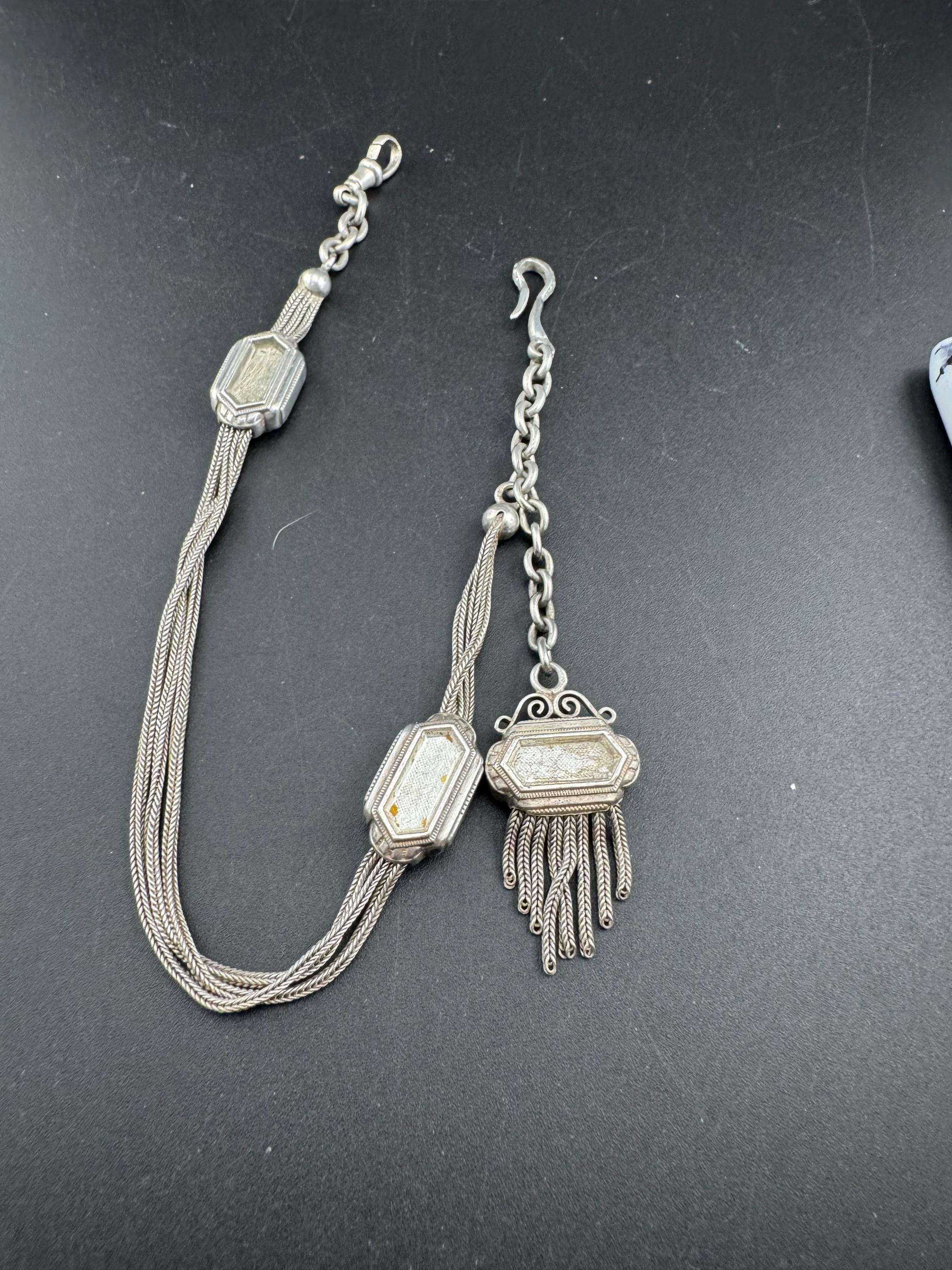 antique solid silver Victorian Albertina pocket watch chain, with tassel hallmarked 31cm