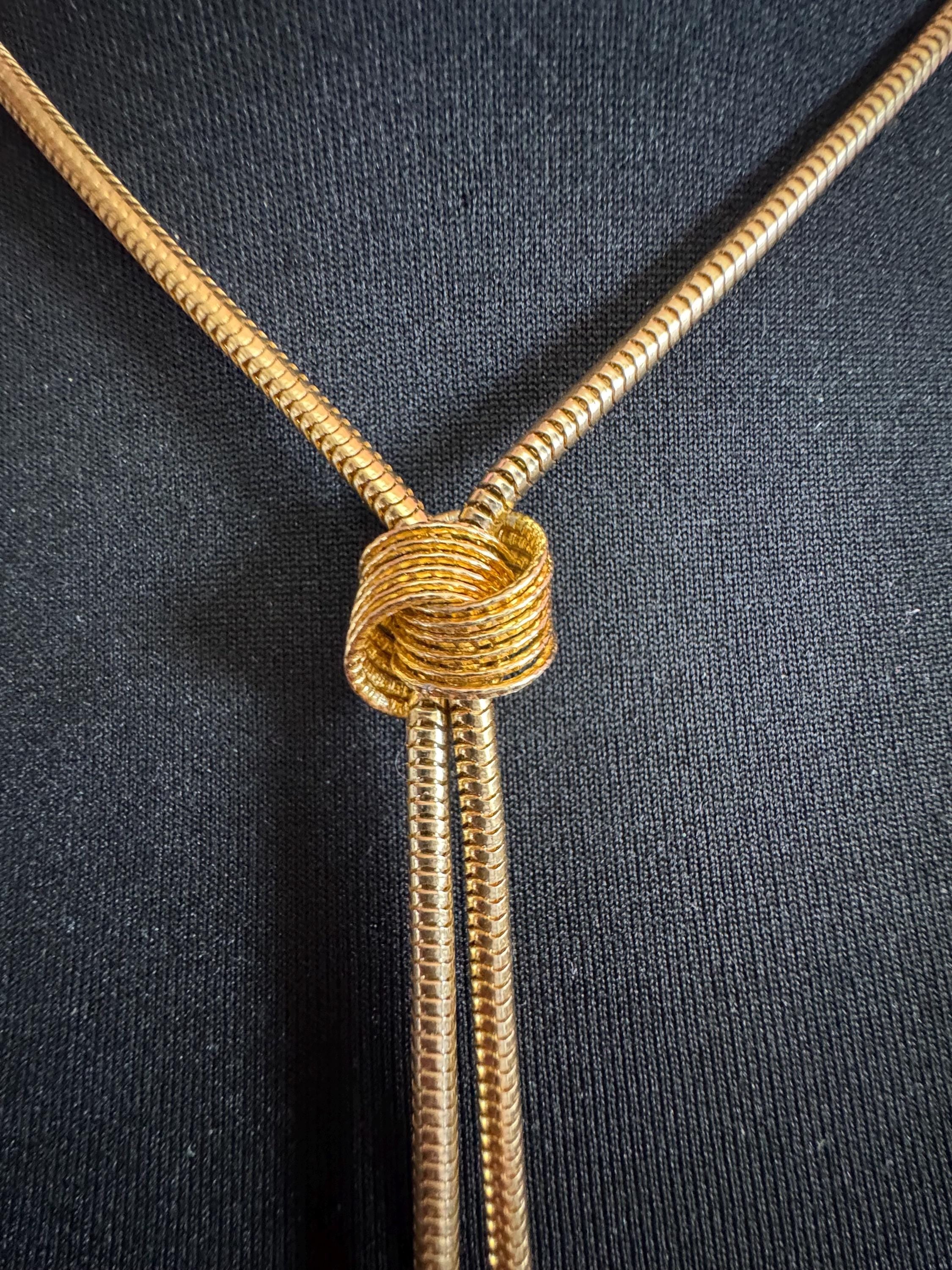 Vintage mesh knot bolo slider necklace 70s, 1970s gold tone