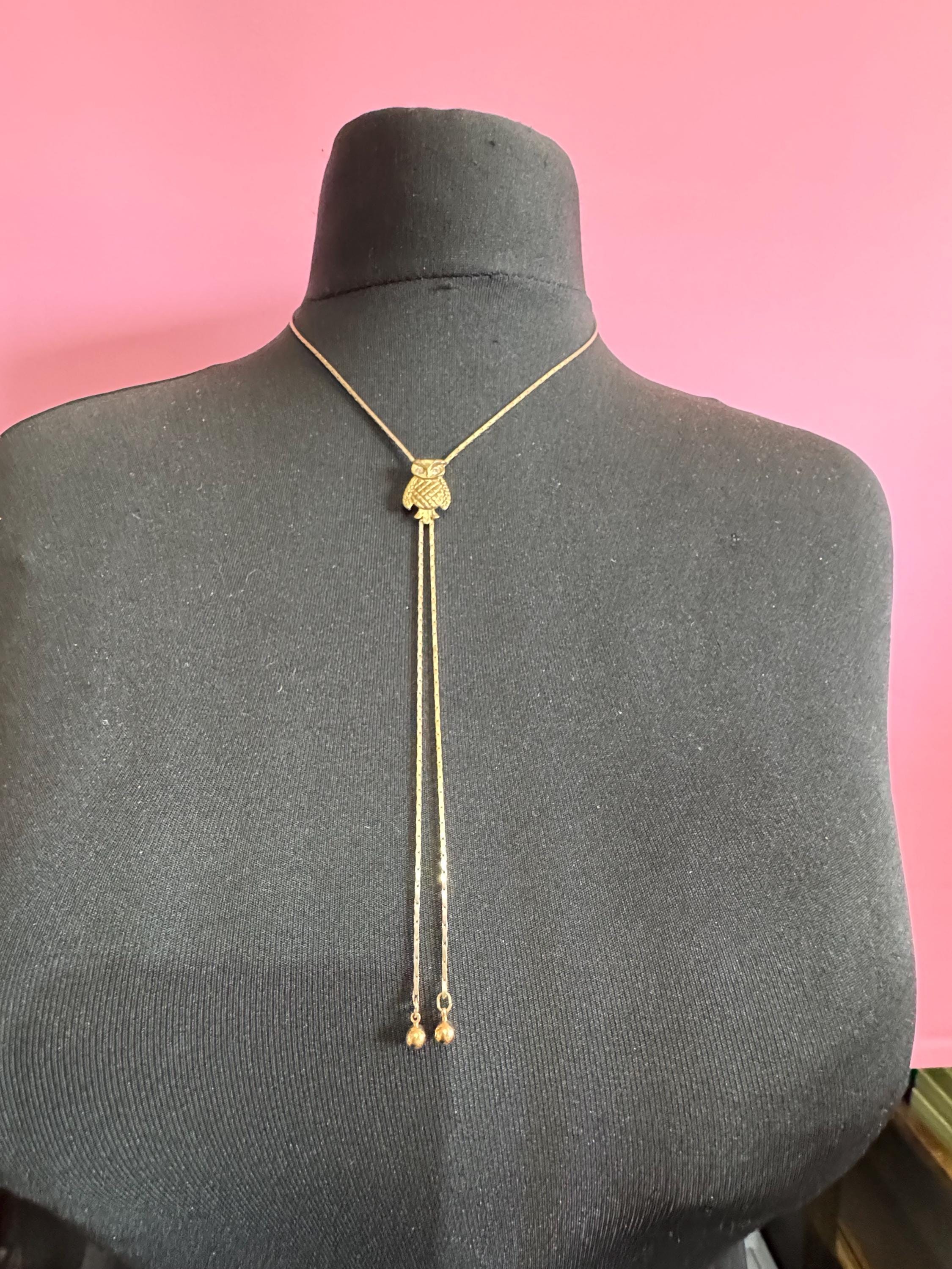 Vintage owl slider bolo necklace, with pat no , gold plated