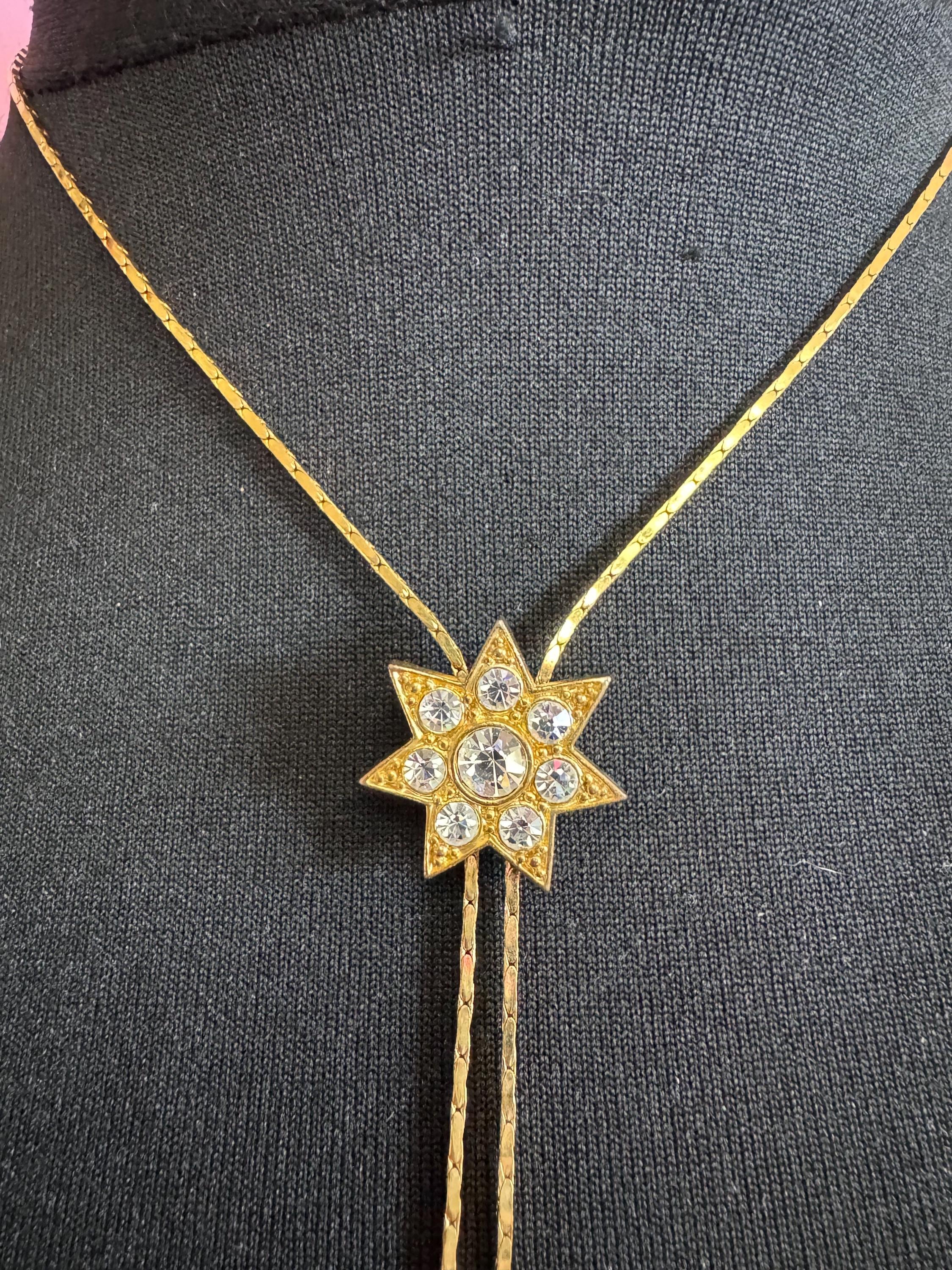 Vintage star crystal slider bolo necklace, with pat no , gold plated