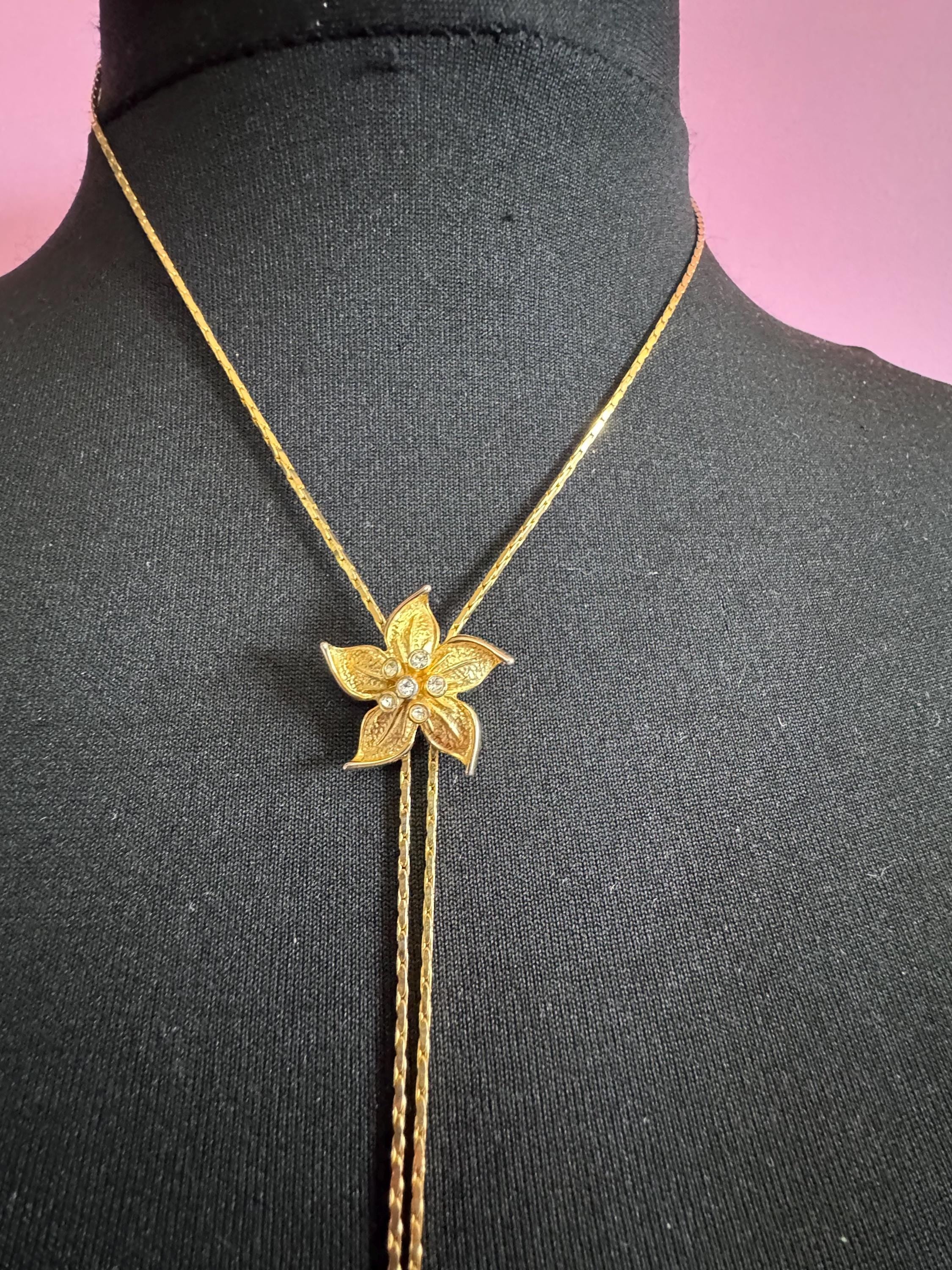 Vintage flower crystal slider bolo necklace, with pat no , gold plated