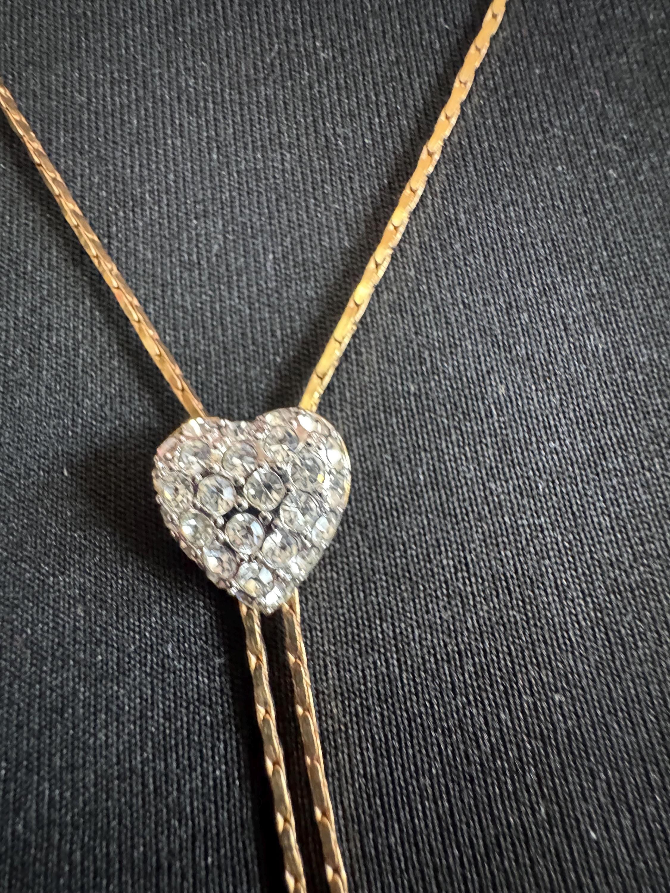 Vintage love heart crystal slider bolo necklace, gold plated diamanté