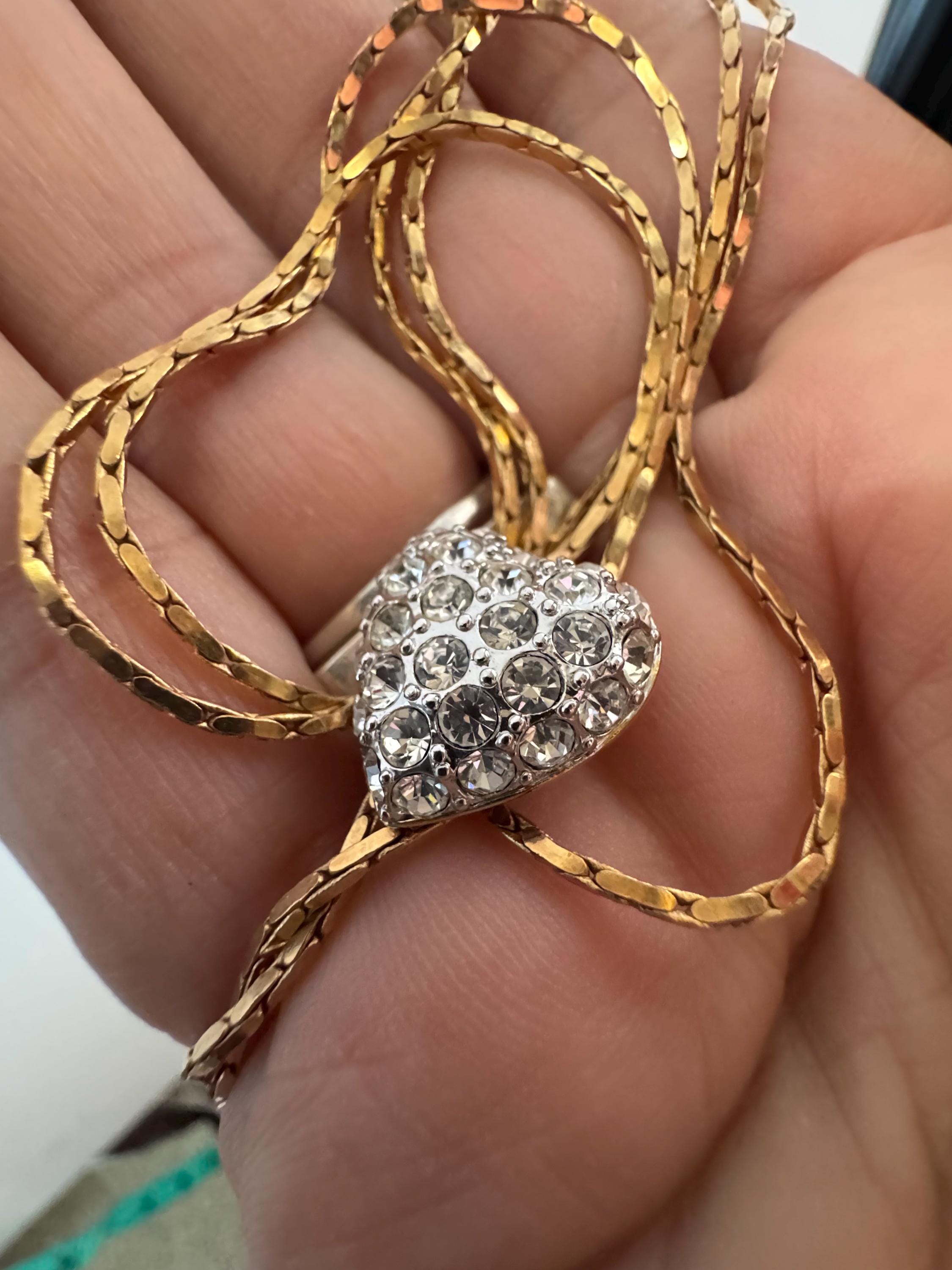 Vintage love heart crystal slider bolo necklace, gold plated diamanté