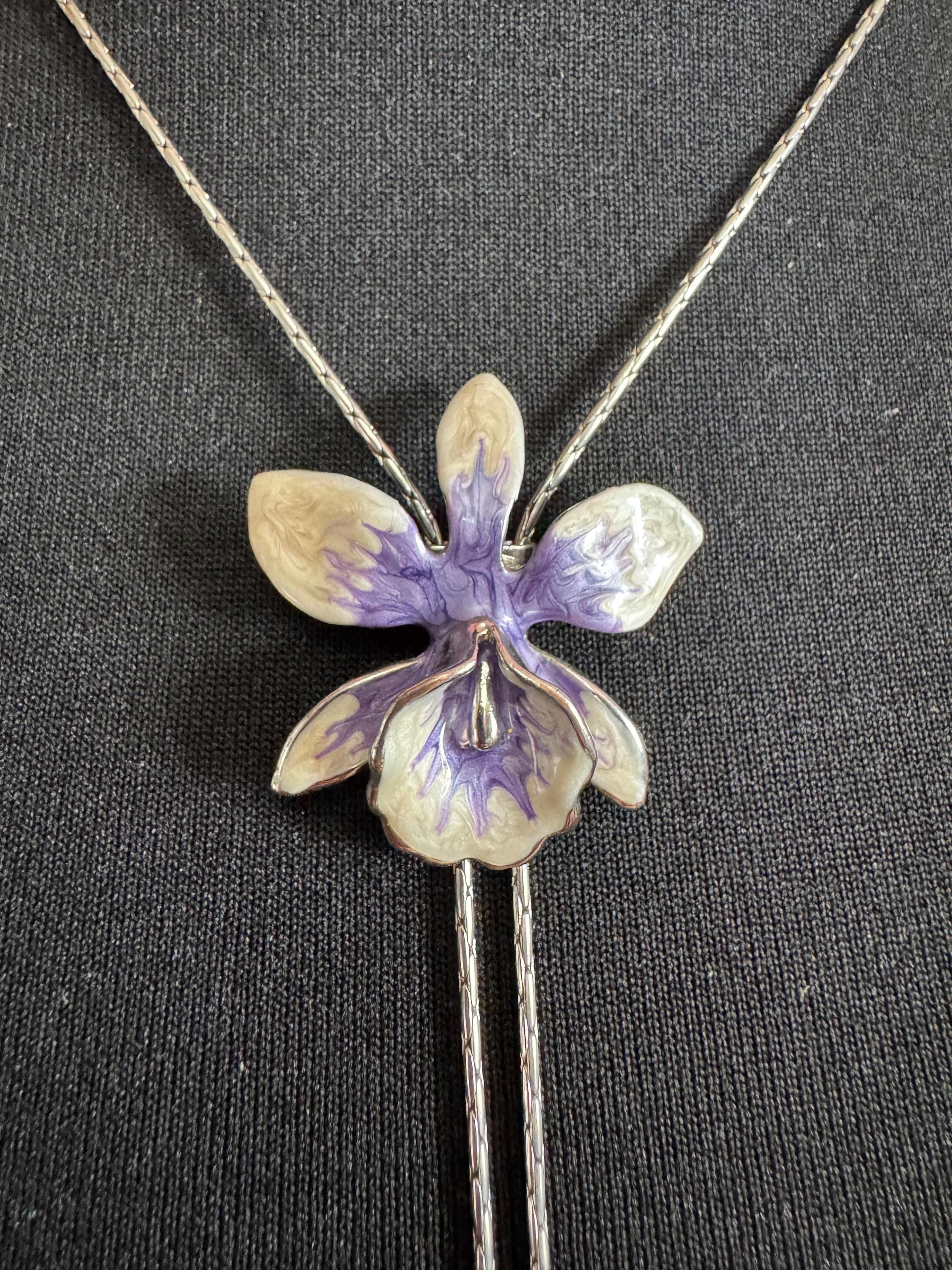 Vintage purple enamel orchid flower slider bolo necklace, silver tone