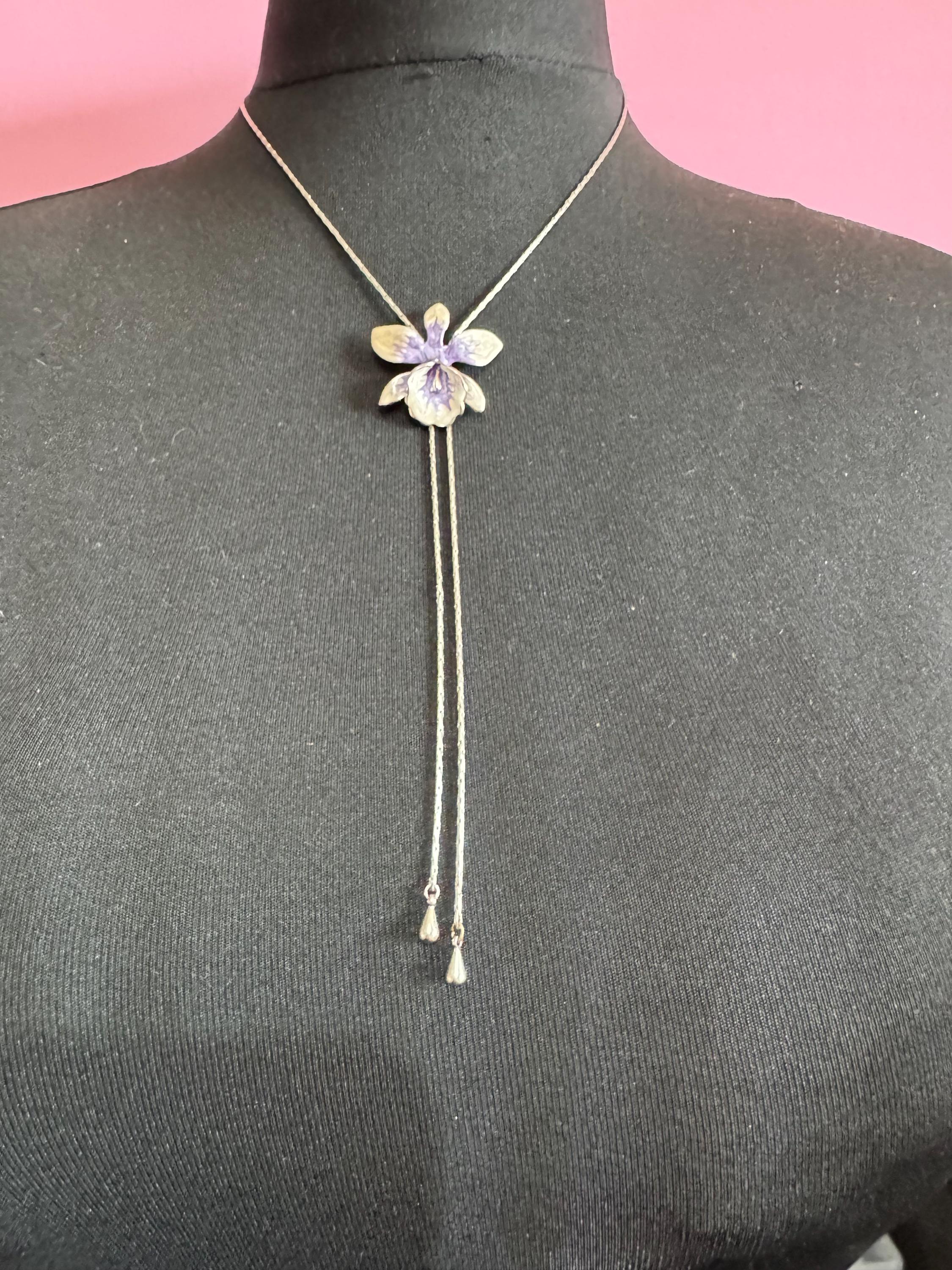 Vintage purple enamel orchid flower slider bolo necklace, silver tone
