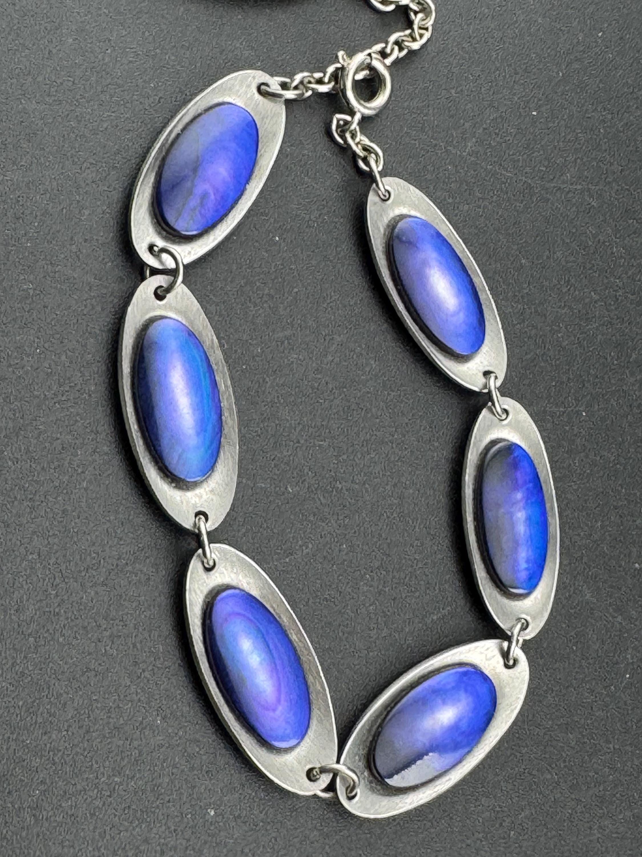 Vintage 1970s stainless steel bracelet , purple shell cabochons