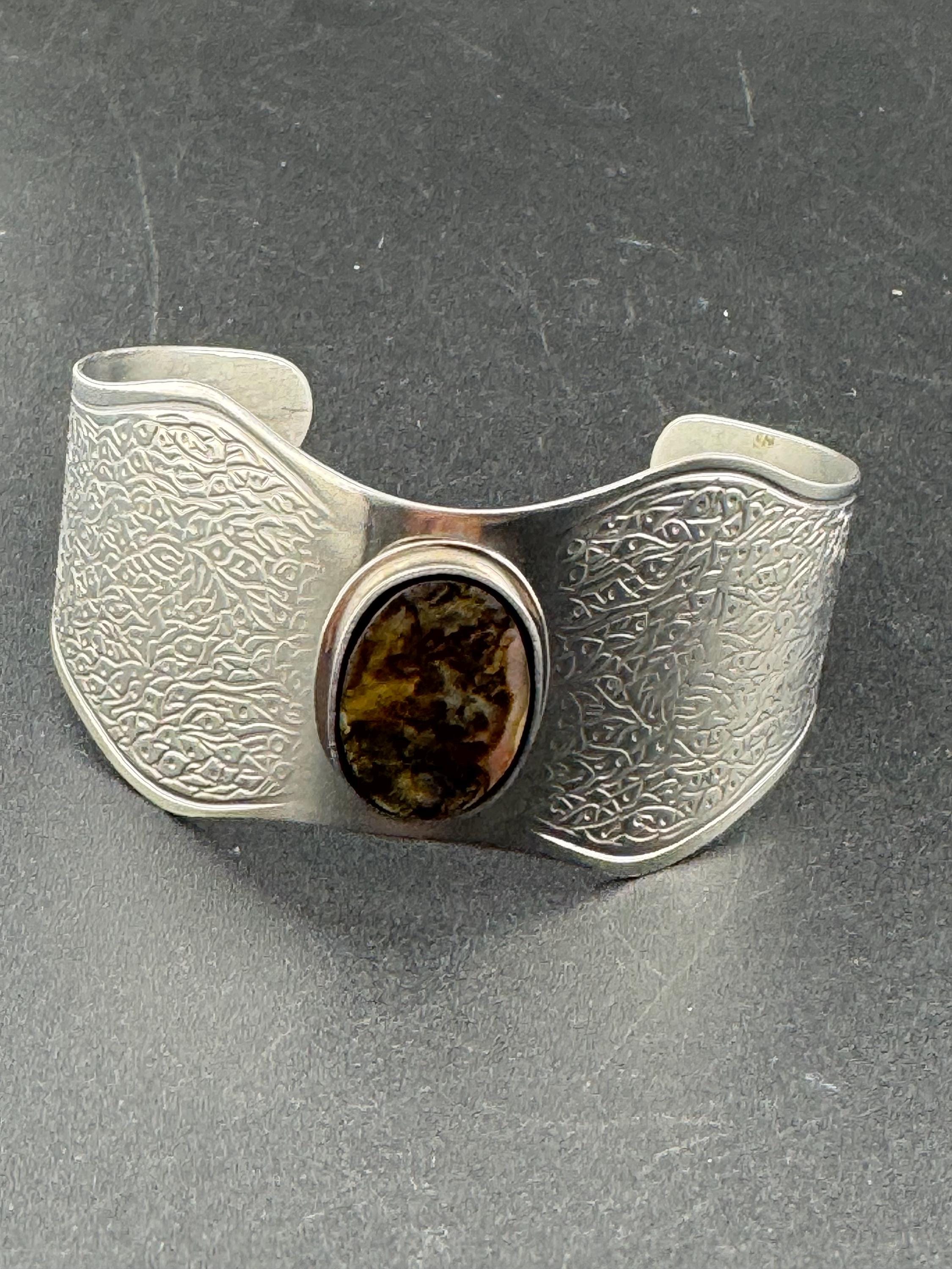 1970s stainless steel wide bangle , Jason designs with central abalone shell cabochon