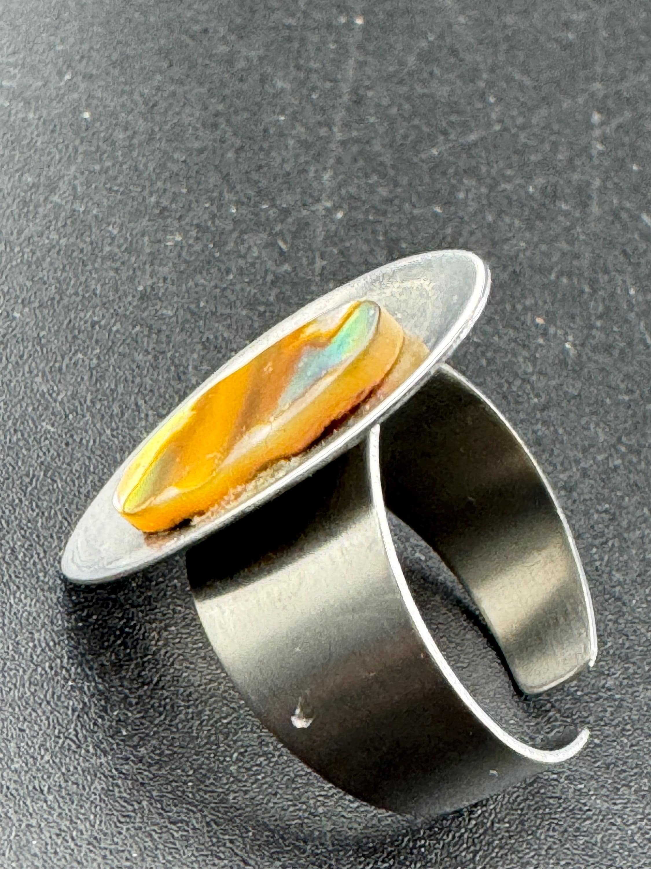 1970s stainless steel adjustable ring, set with abalone shell, vintage