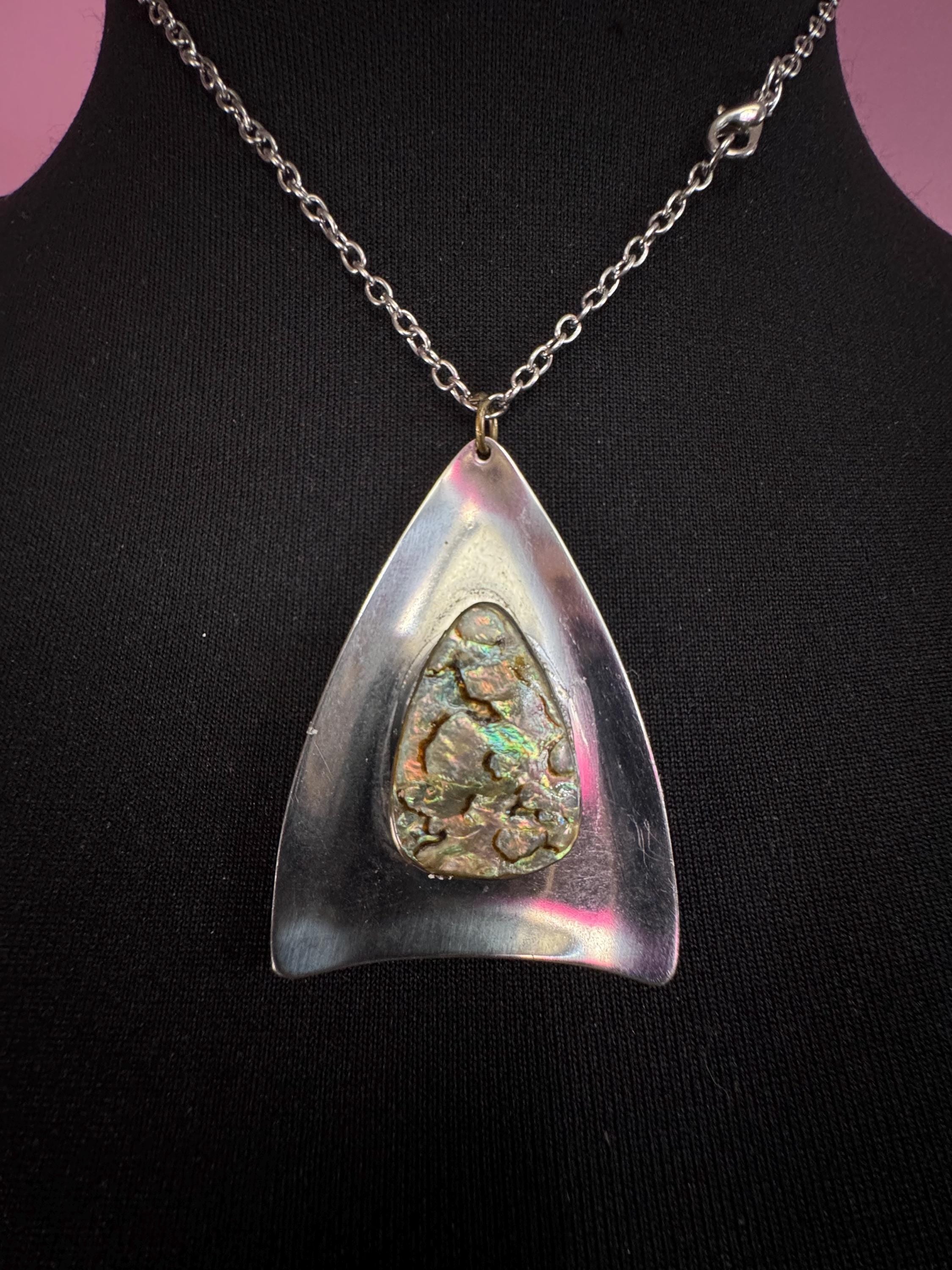 Signed Peak Vintage 1970s stainless steel abalone shell pendant on a 45cm chain