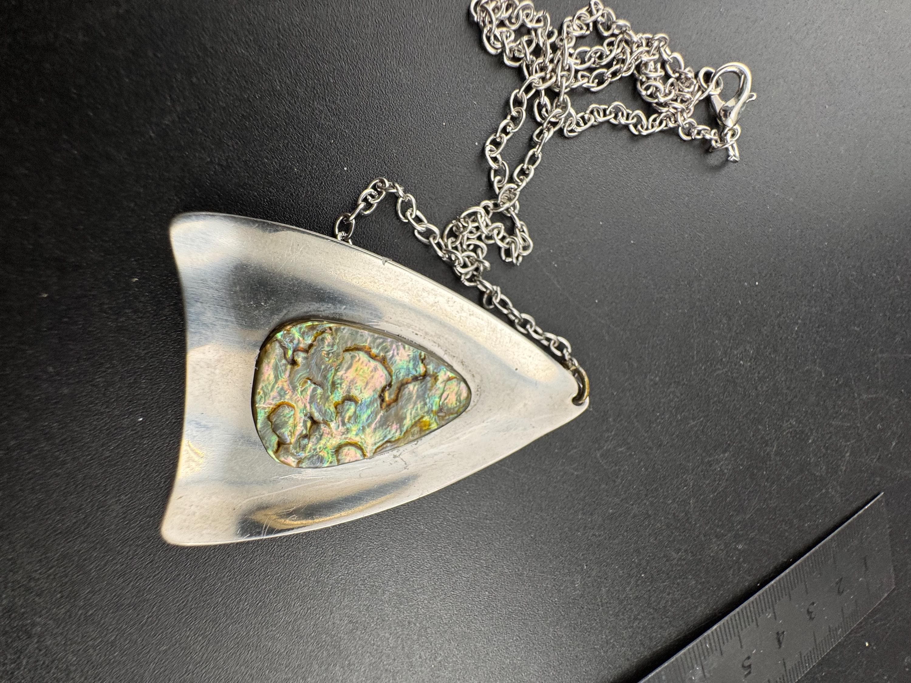 Signed Peak Vintage 1970s stainless steel abalone shell pendant on a 45cm chain