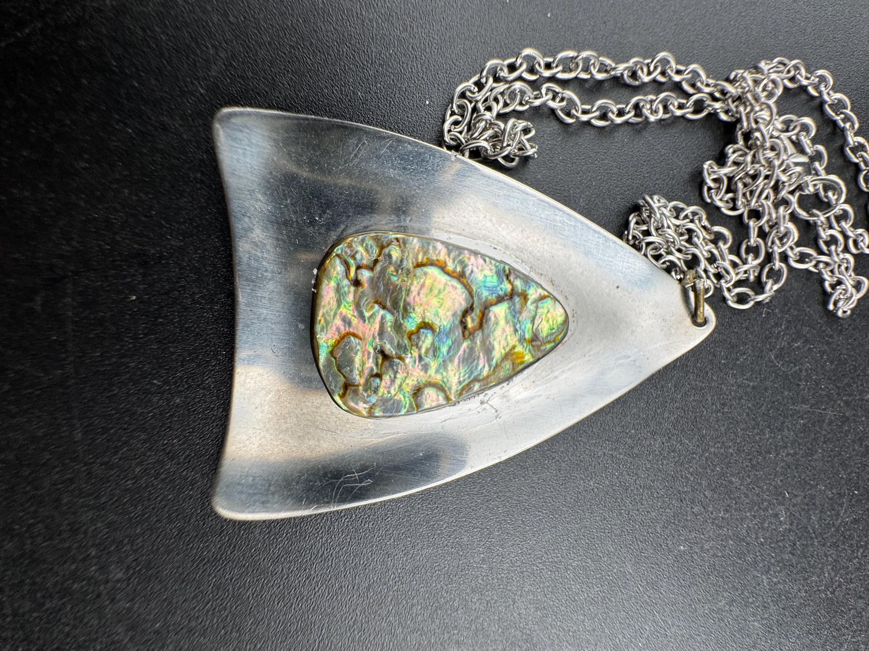 Signed Peak Vintage 1970s stainless steel abalone shell pendant on a 45cm chain