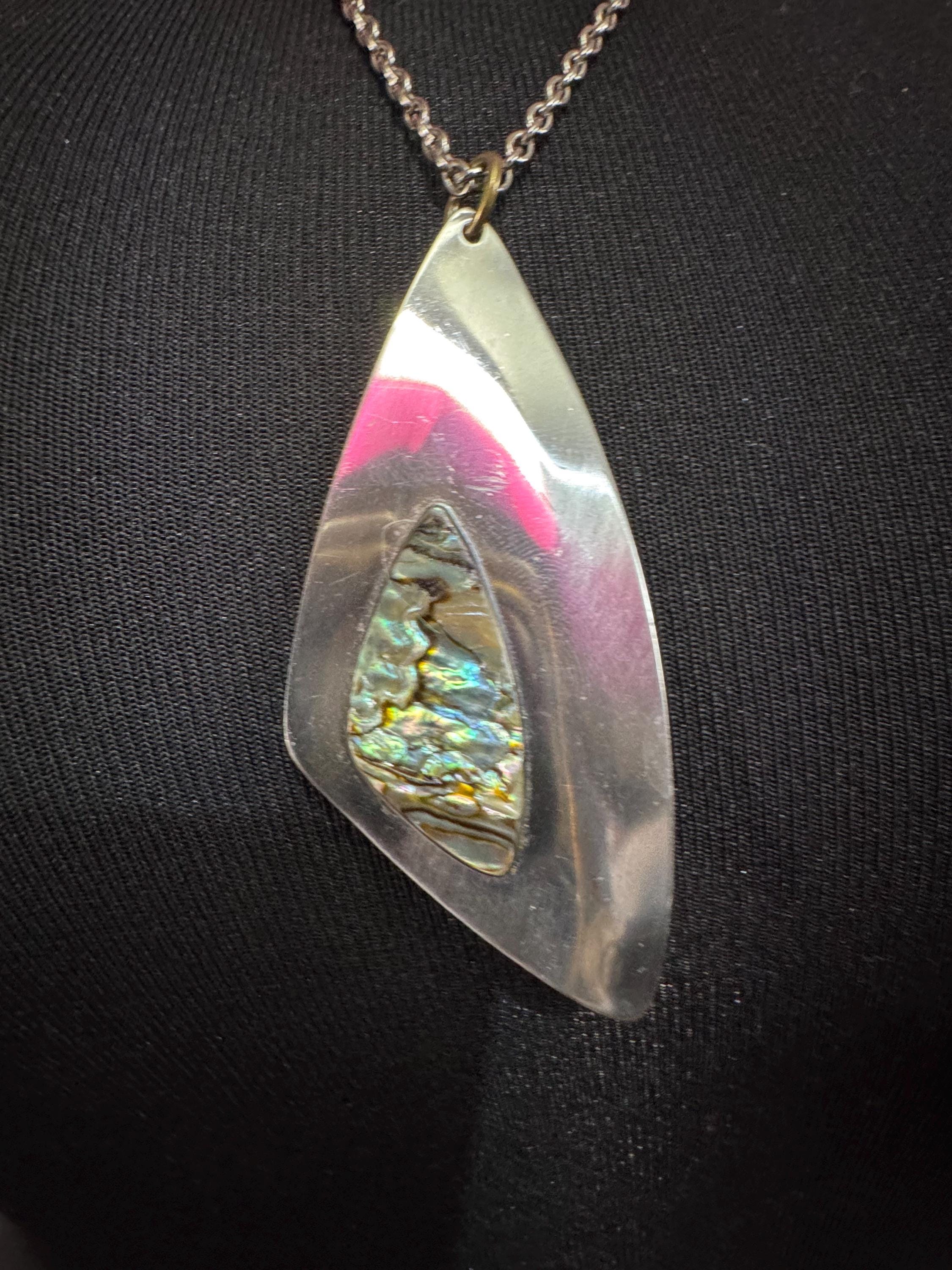 Vintage 1970s stainless steel abalone shell pendant on a 70cm chain