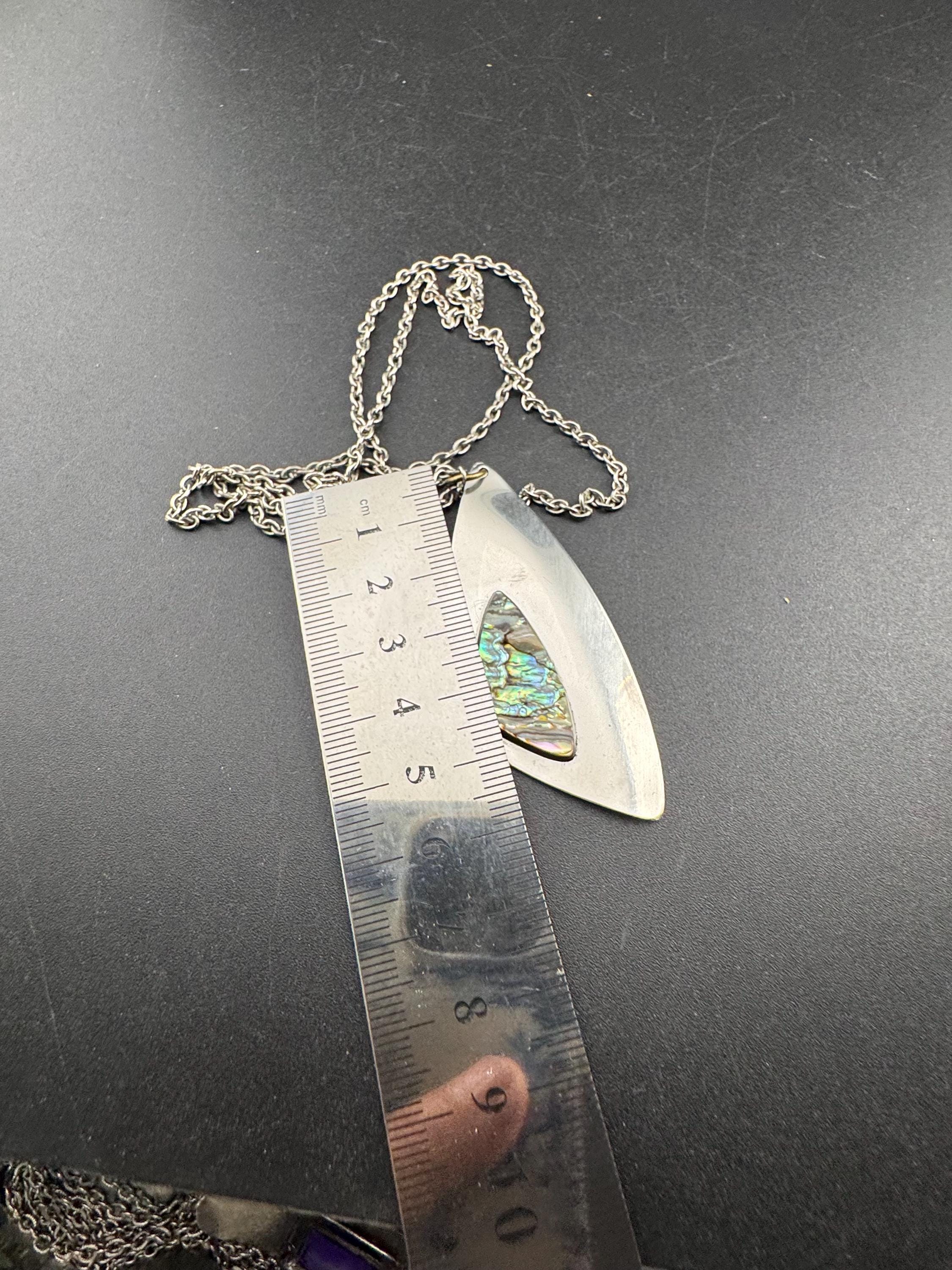 Vintage 1970s stainless steel abalone shell pendant on a 70cm chain