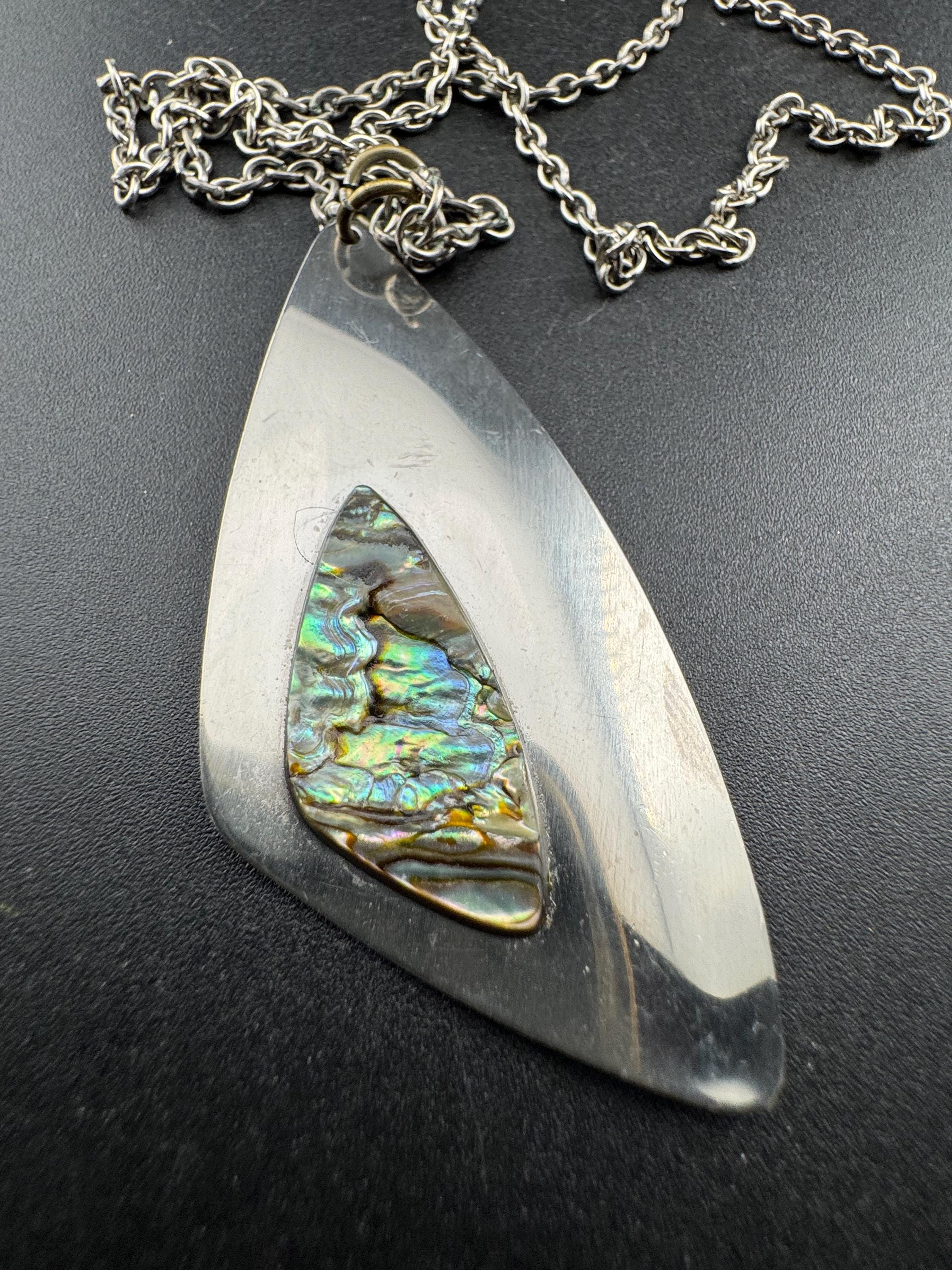 Vintage 1970s stainless steel abalone shell pendant on a 70cm chain