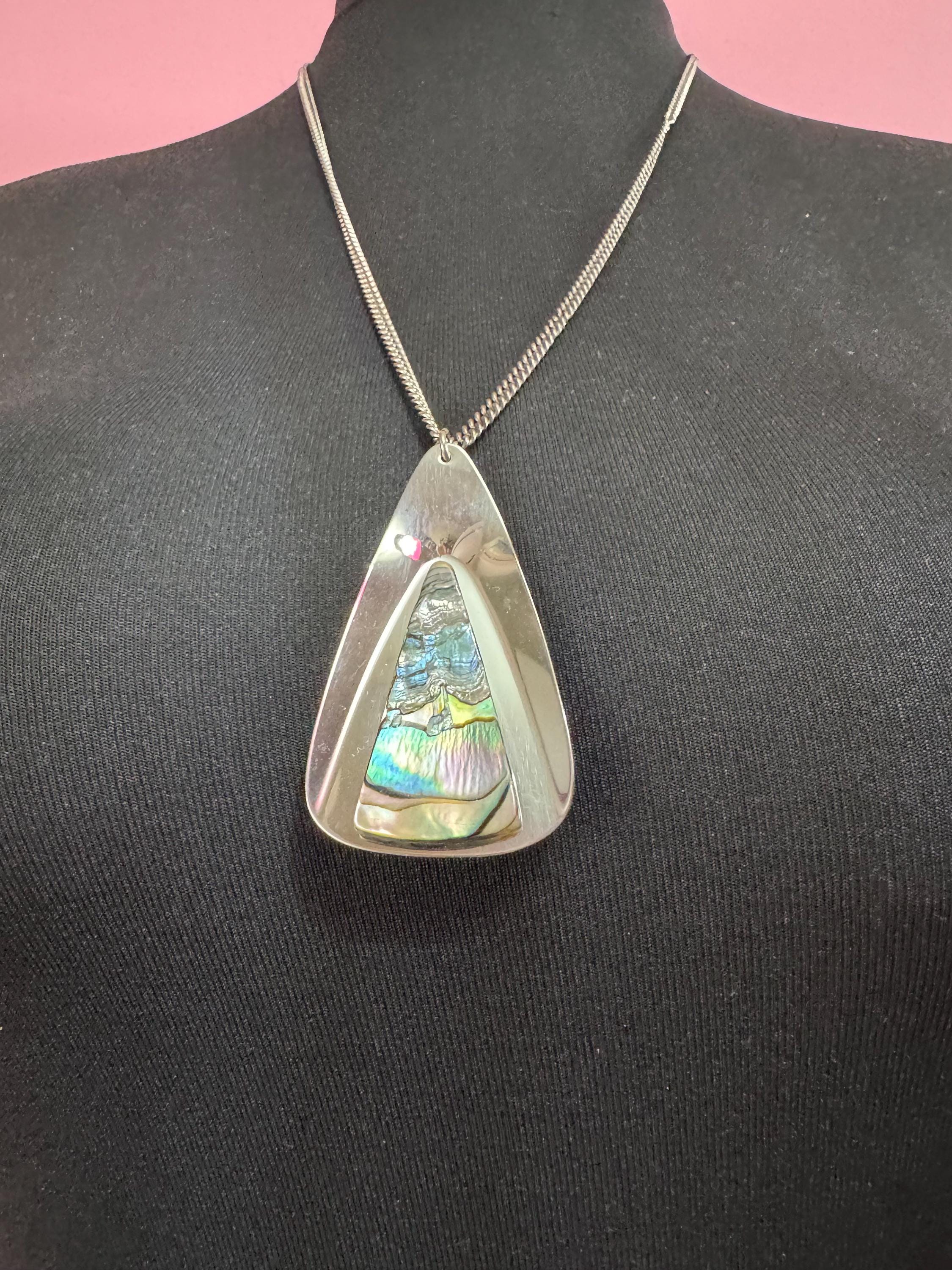 Vintage 1970s stainless steel abalone shell triangular pendant on a 70cm chain