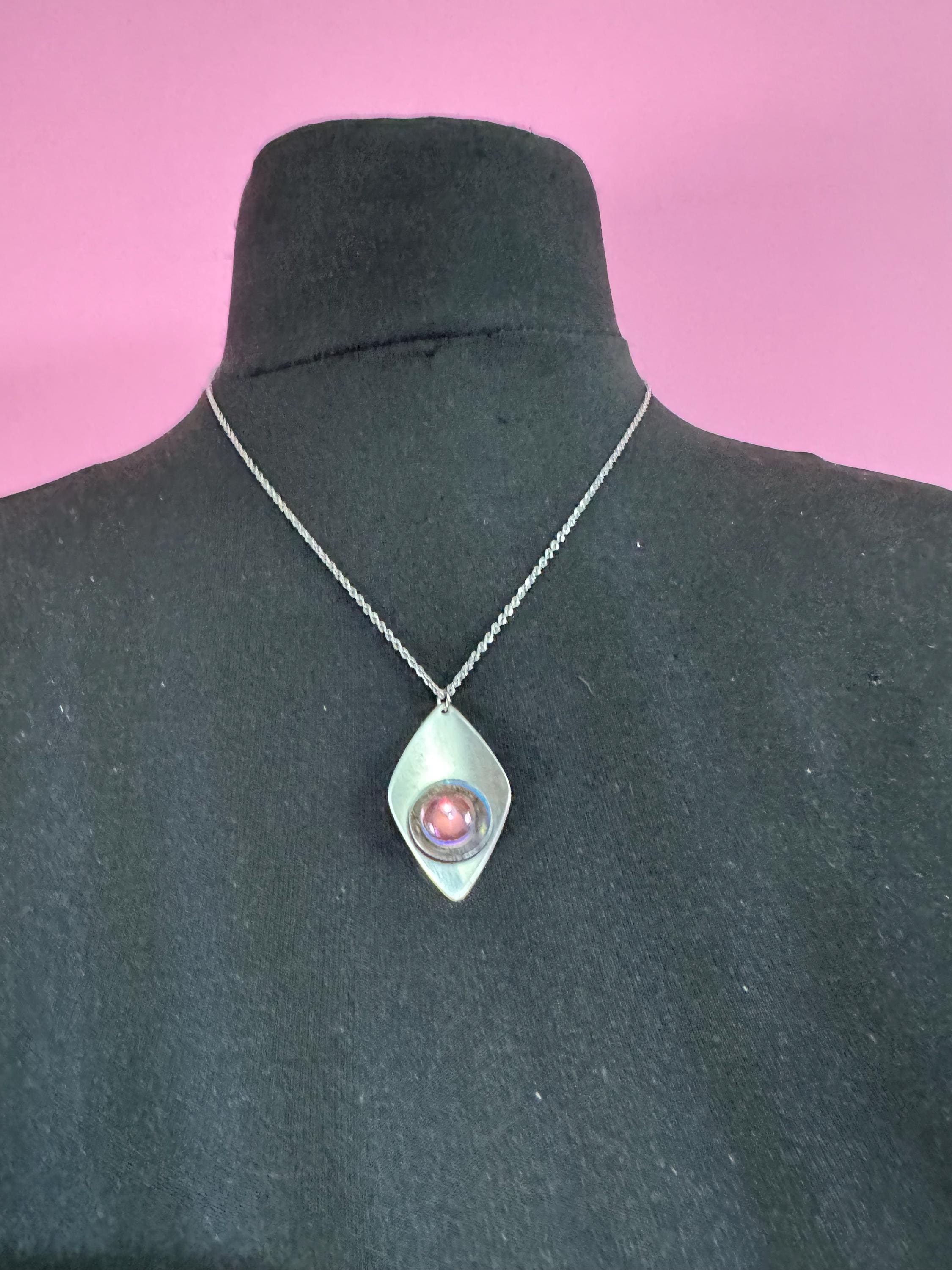 stainless steel pink glass cabochon pendant necklace, Vintage 1970s