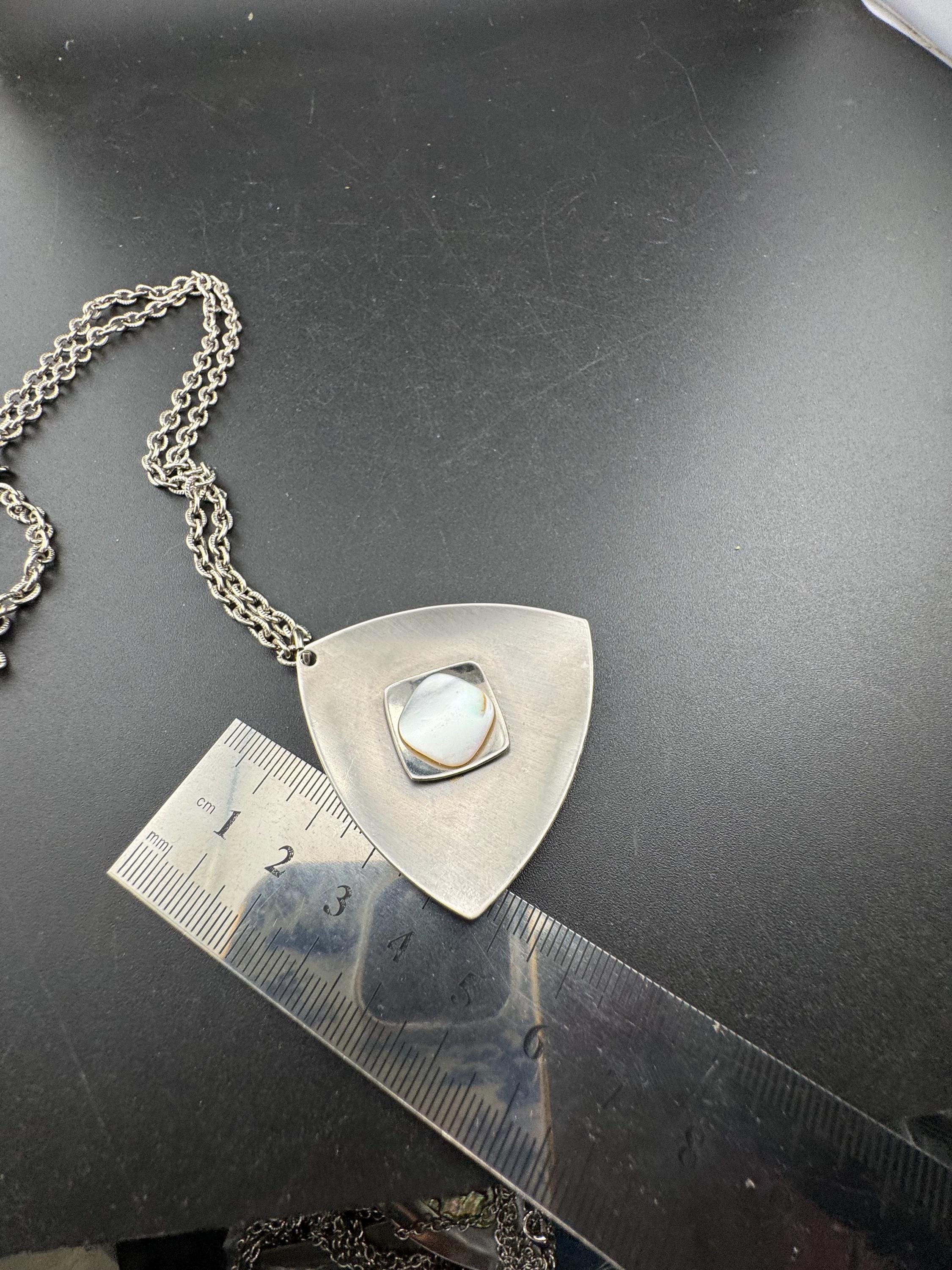 stainless steel pink glass cabochon pendant necklace, Vintage 1970s triangular