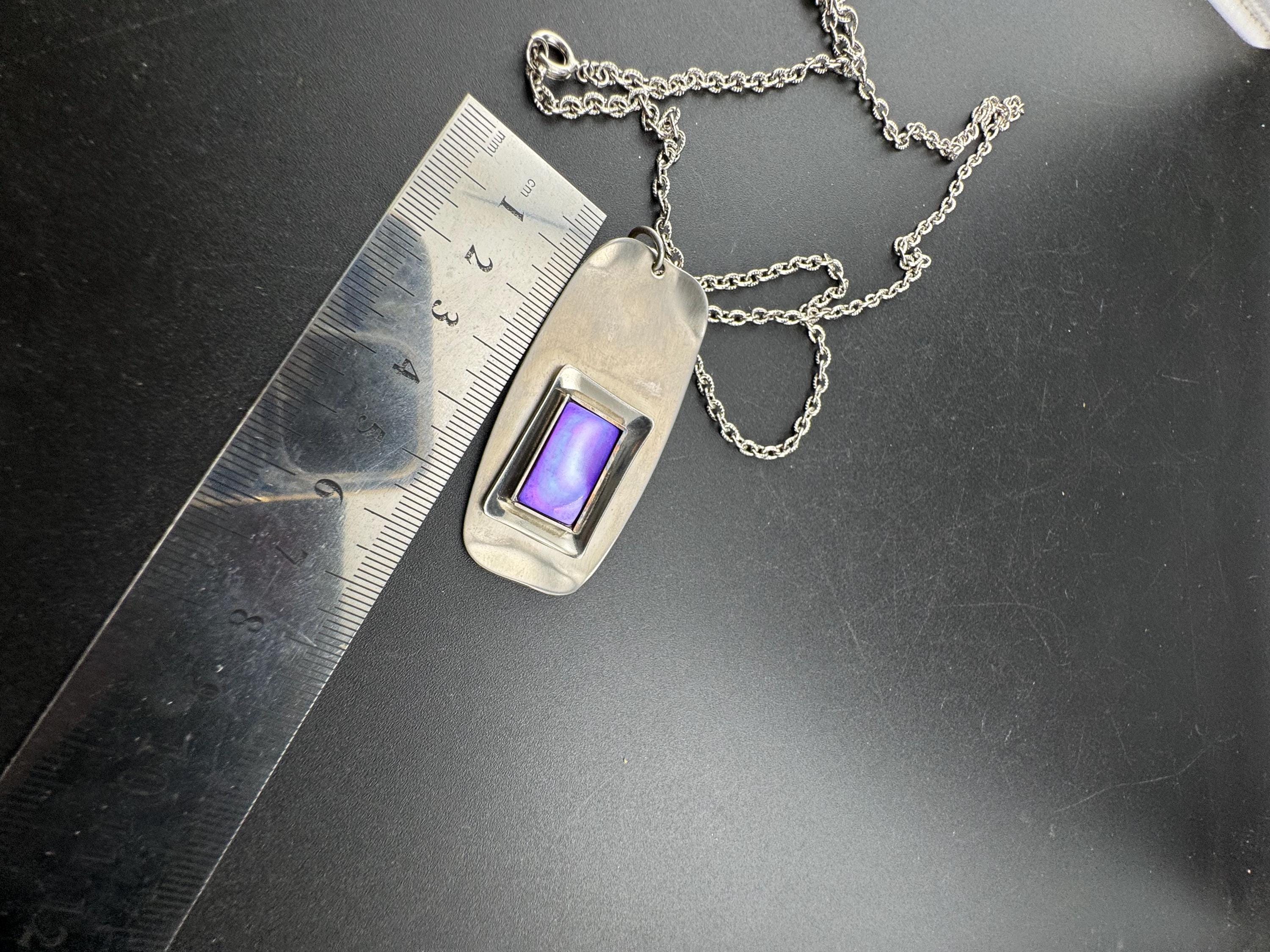 Lord python stainless steel purple  shell cabochon pendant necklace, Vintage 1970s