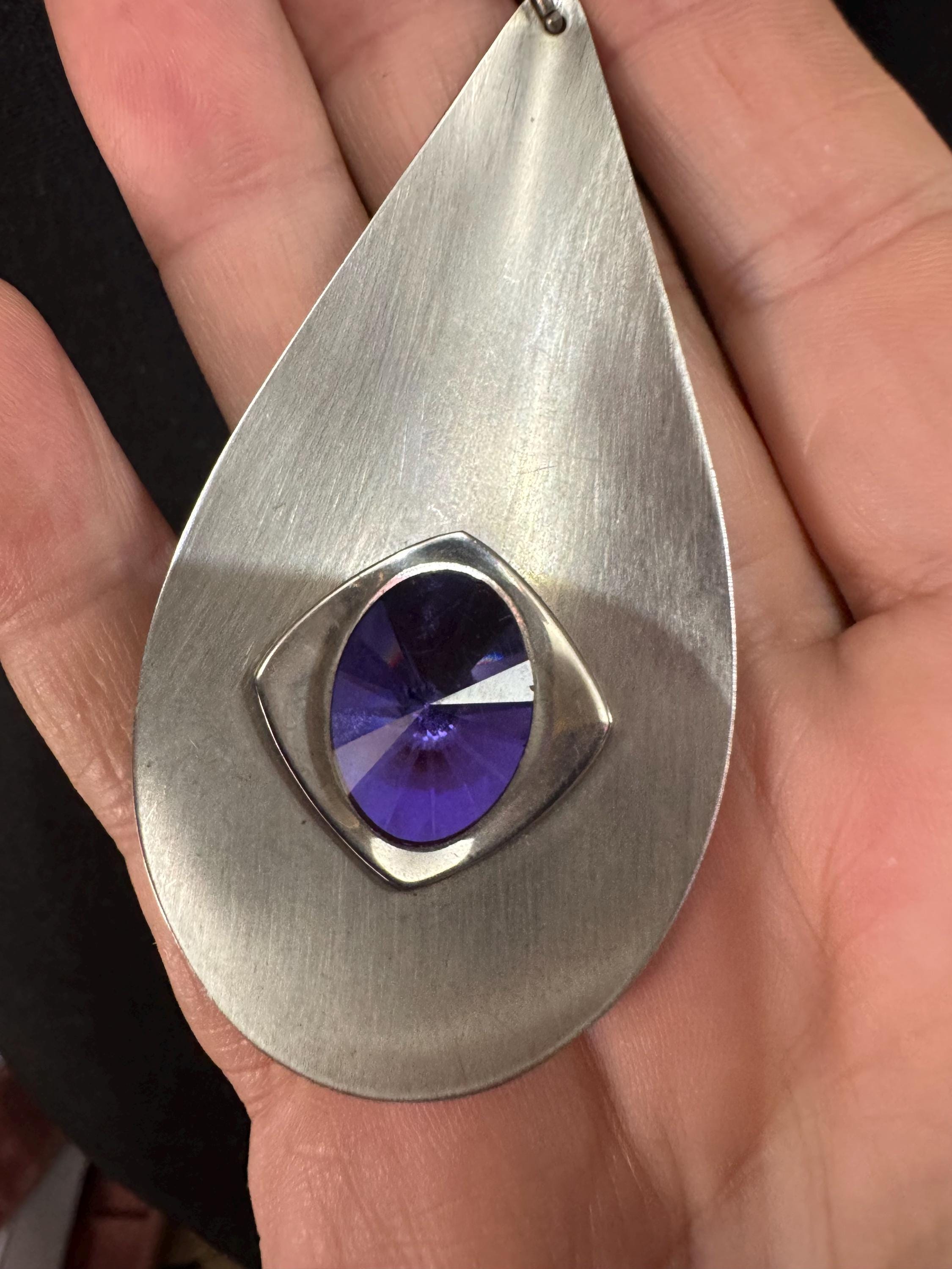 stainless steel purple Rivoli crystal pendant necklace, Vintage 1970s