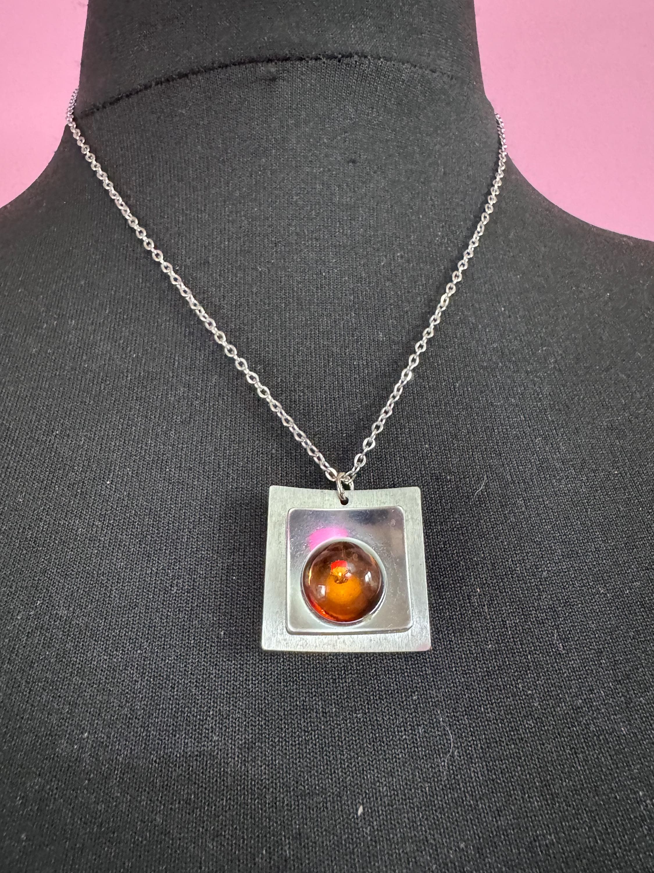 Signed stainless steel amber glass cabochon pendant necklace, Vintage 1970s